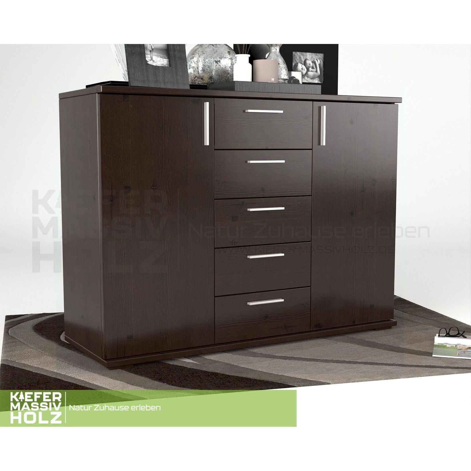 Nobis Kommode Sideboard 120-er | Anrichte | 5-Schubladen | 2-Türig | 100% Bio Kiefer Massivholz