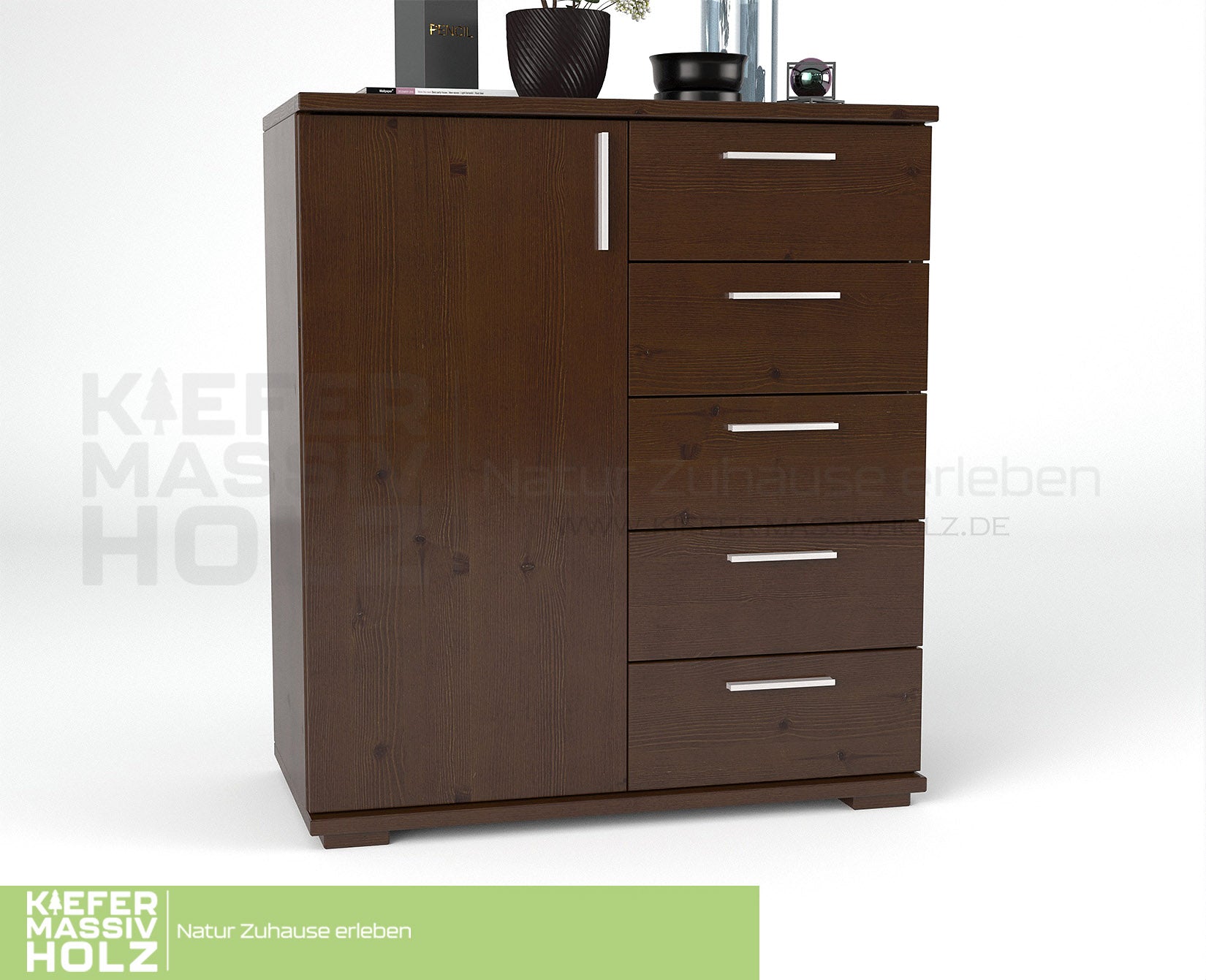 Nobis Kommode Sideboard 90-er | Anrichte | 5-Schubladen | 1-Türig | 100% Bio Kiefer Massivholz