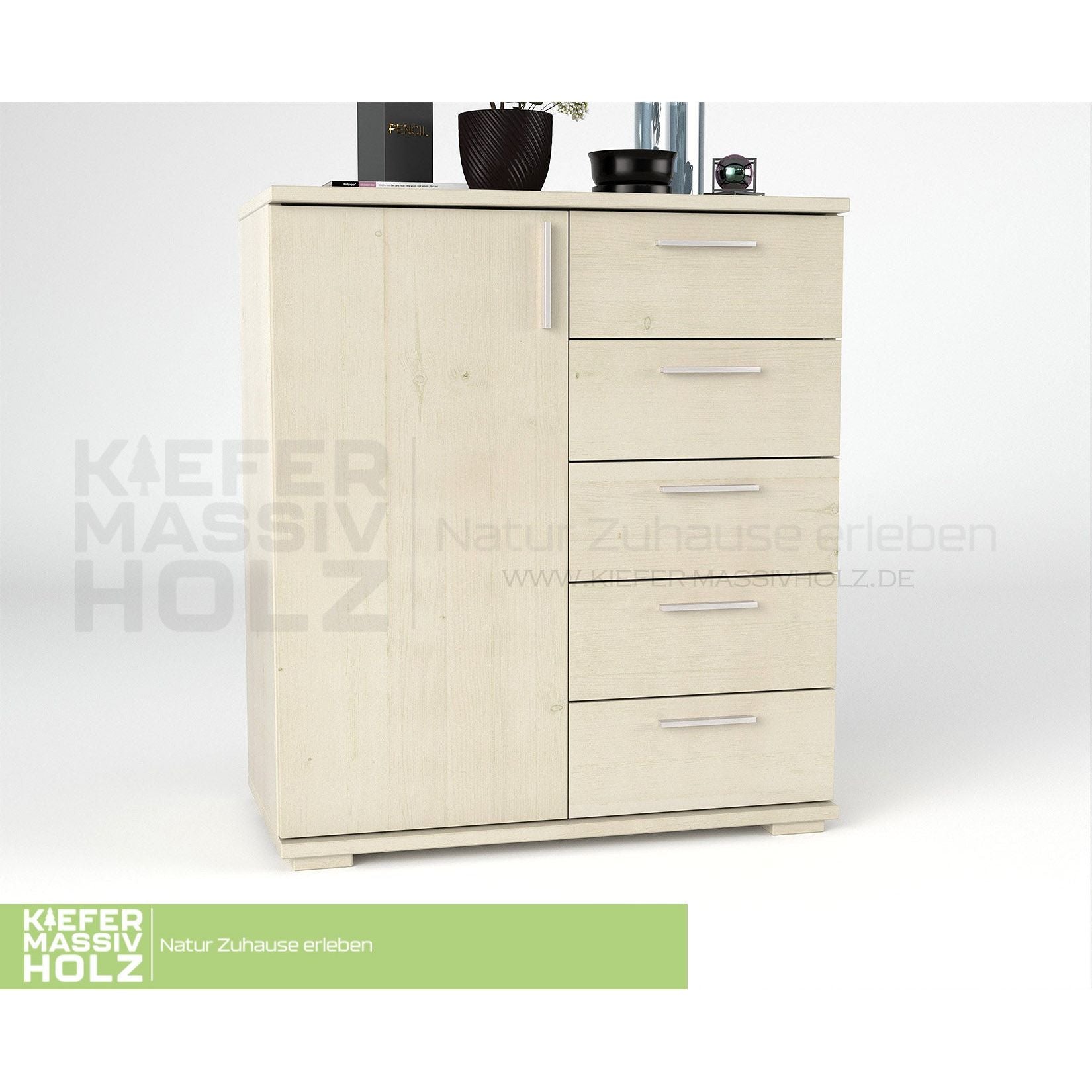Nobis Kommode Sideboard 90-er | Anrichte | 5-Schubladen | 1-Türig | 100% Bio Kiefer Massivholz