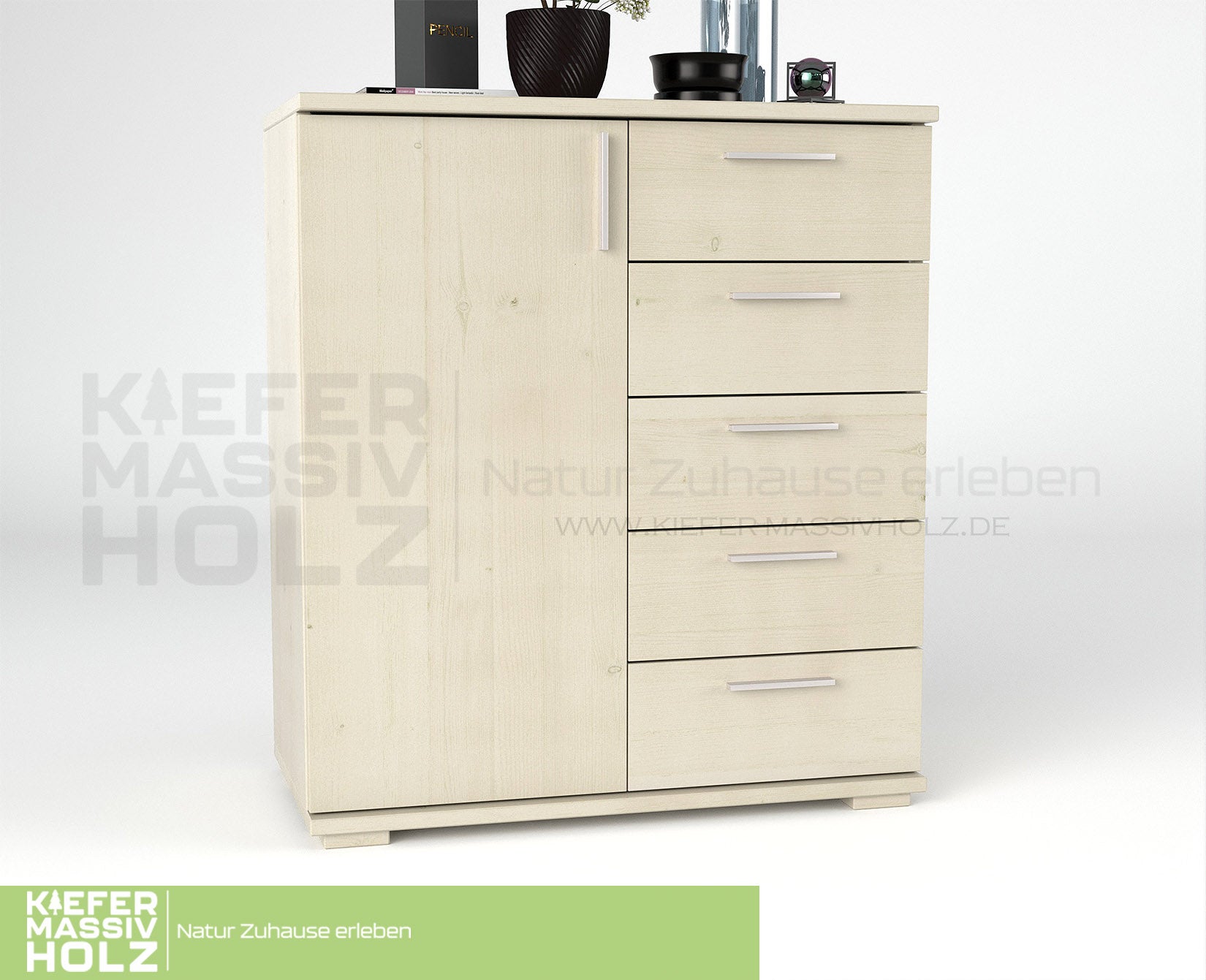 Nobis Kommode Sideboard 90-er | Anrichte | 5-Schubladen | 1-Türig | 100% Bio Kiefer Massivholz