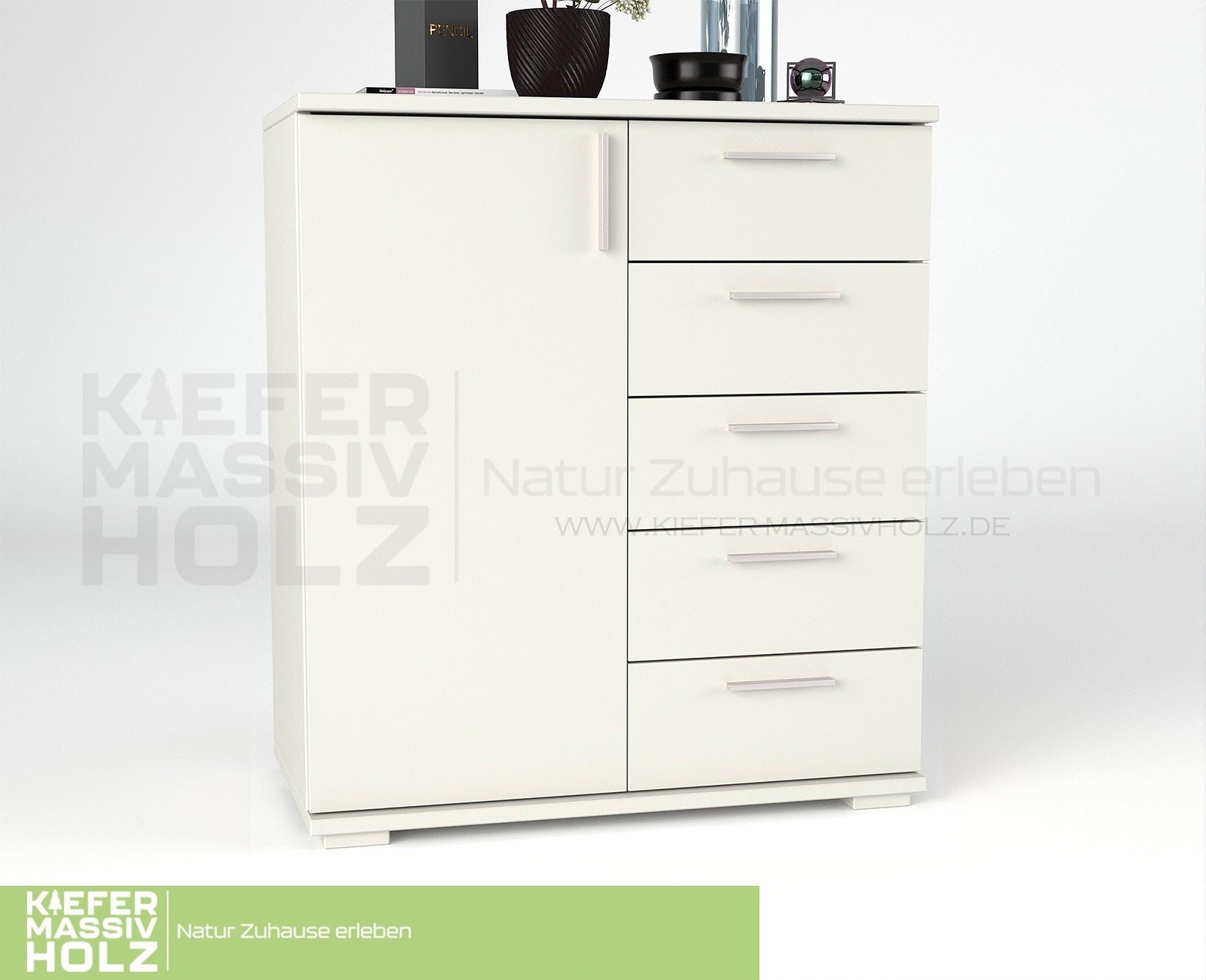 Nobis Kommode Sideboard 90-er | Anrichte | 5-Schubladen | 1-Türig | 100% Bio Kiefer Massivholz
