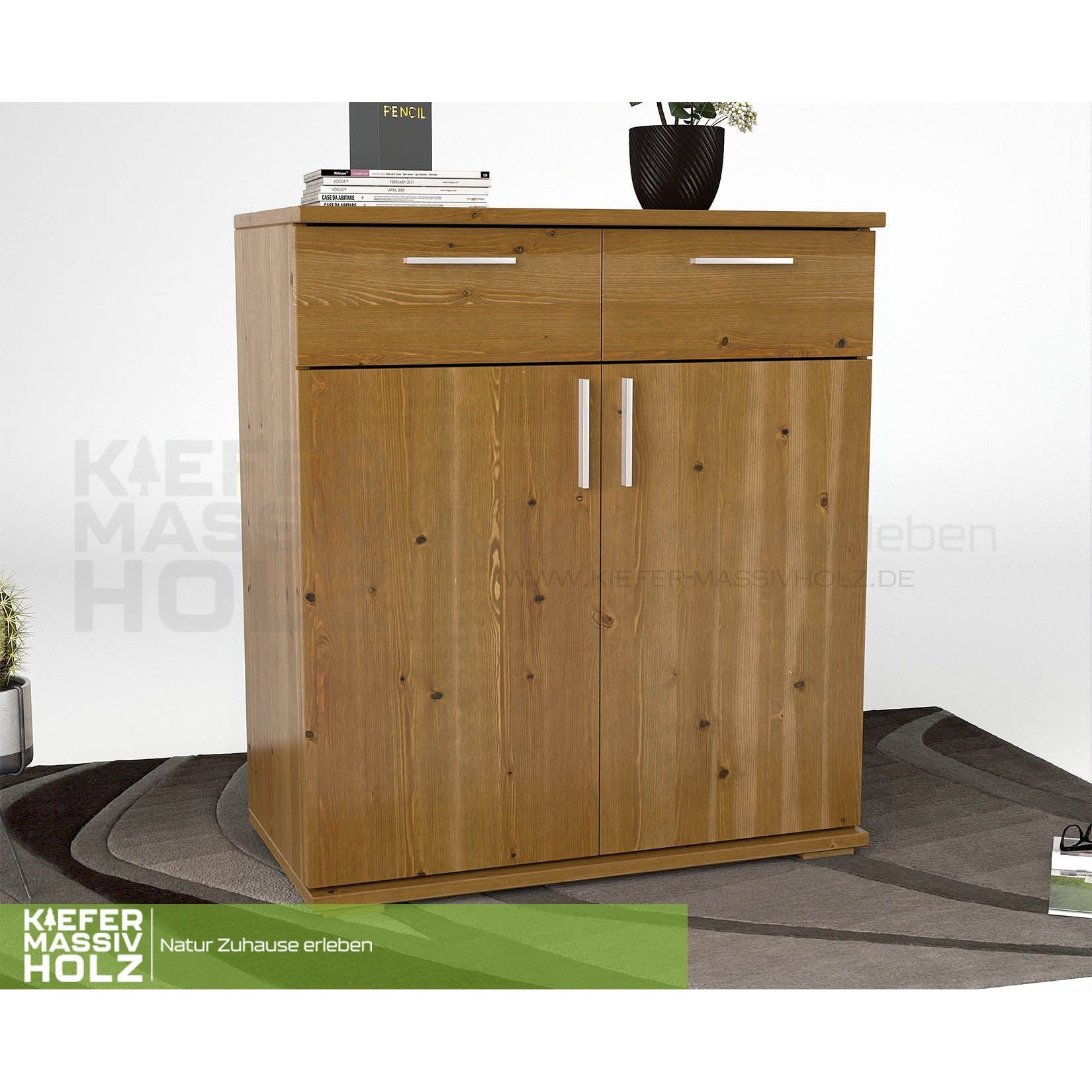 Nobis Kommode Sideboard 90-er | Anrichte | 2-Schubladen und 2-Türig | 100% Bio Kiefer Massivholz