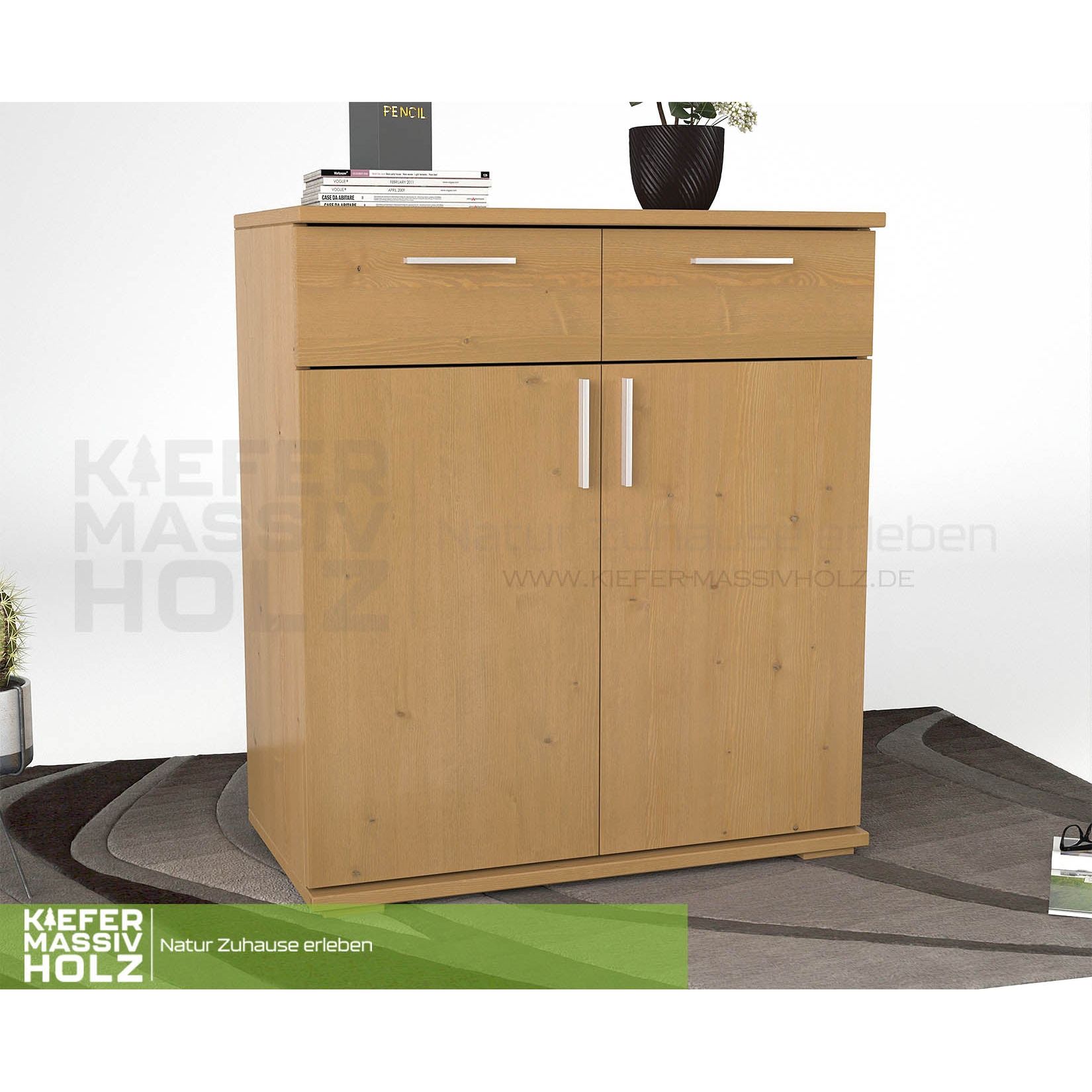 Nobis Kommode Sideboard 90-er | Anrichte | 2-Schubladen und 2-Türig | 100% Bio Kiefer Massivholz
