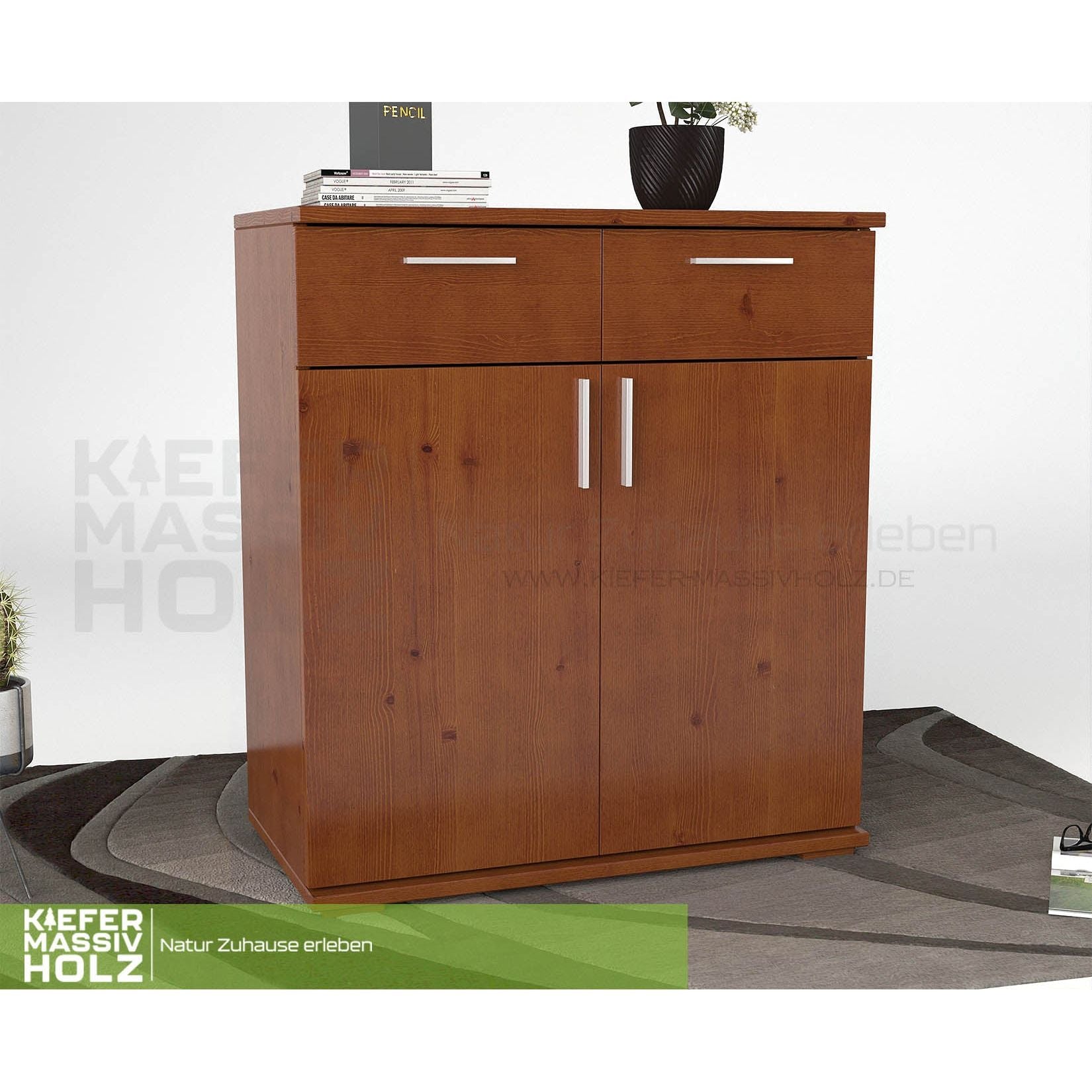 Nobis Kommode Sideboard 90-er | Anrichte | 2-Schubladen und 2-Türig | 100% Bio Kiefer Massivholz
