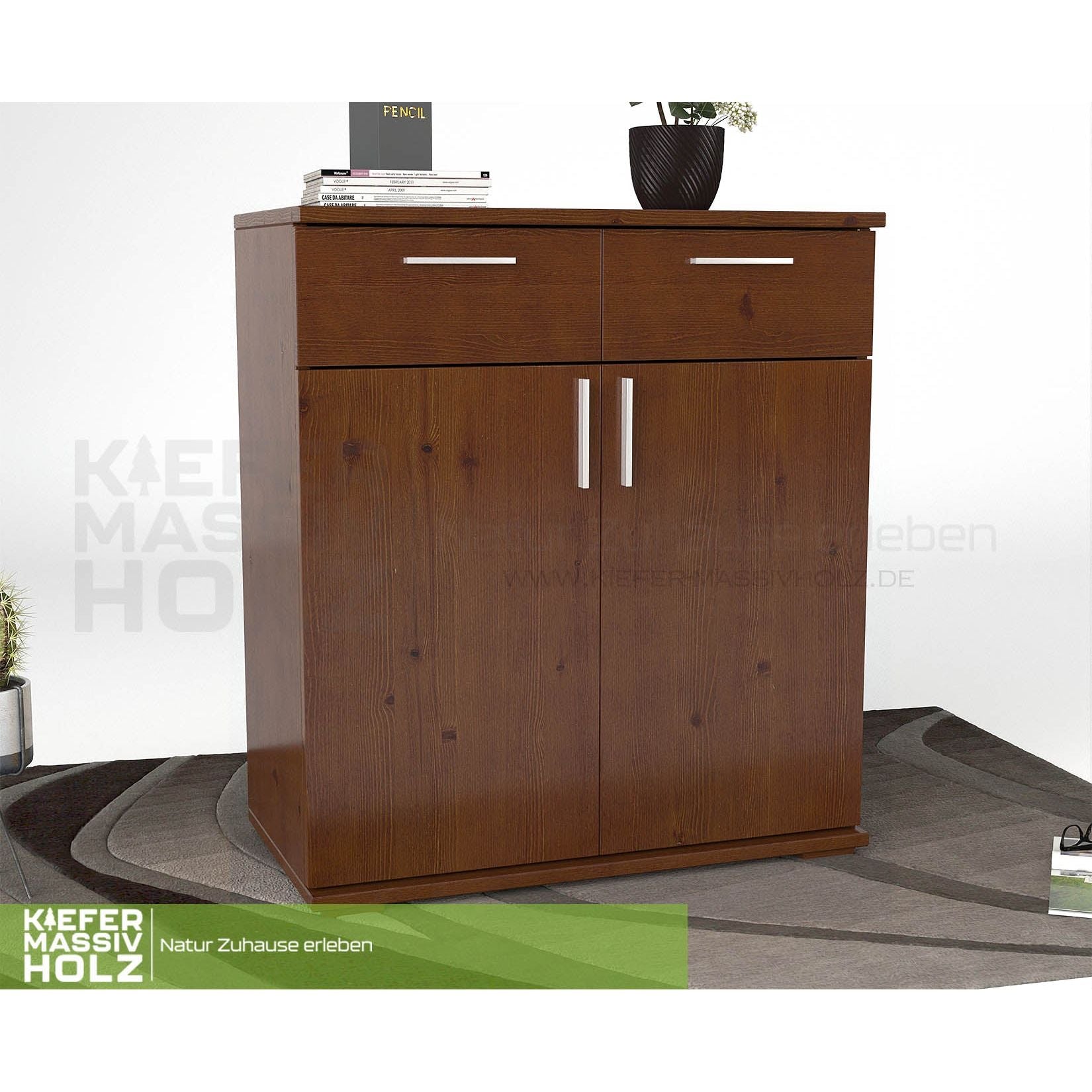 Nobis Kommode Sideboard 90-er | Anrichte | 2-Schubladen und 2-Türig | 100% Bio Kiefer Massivholz
