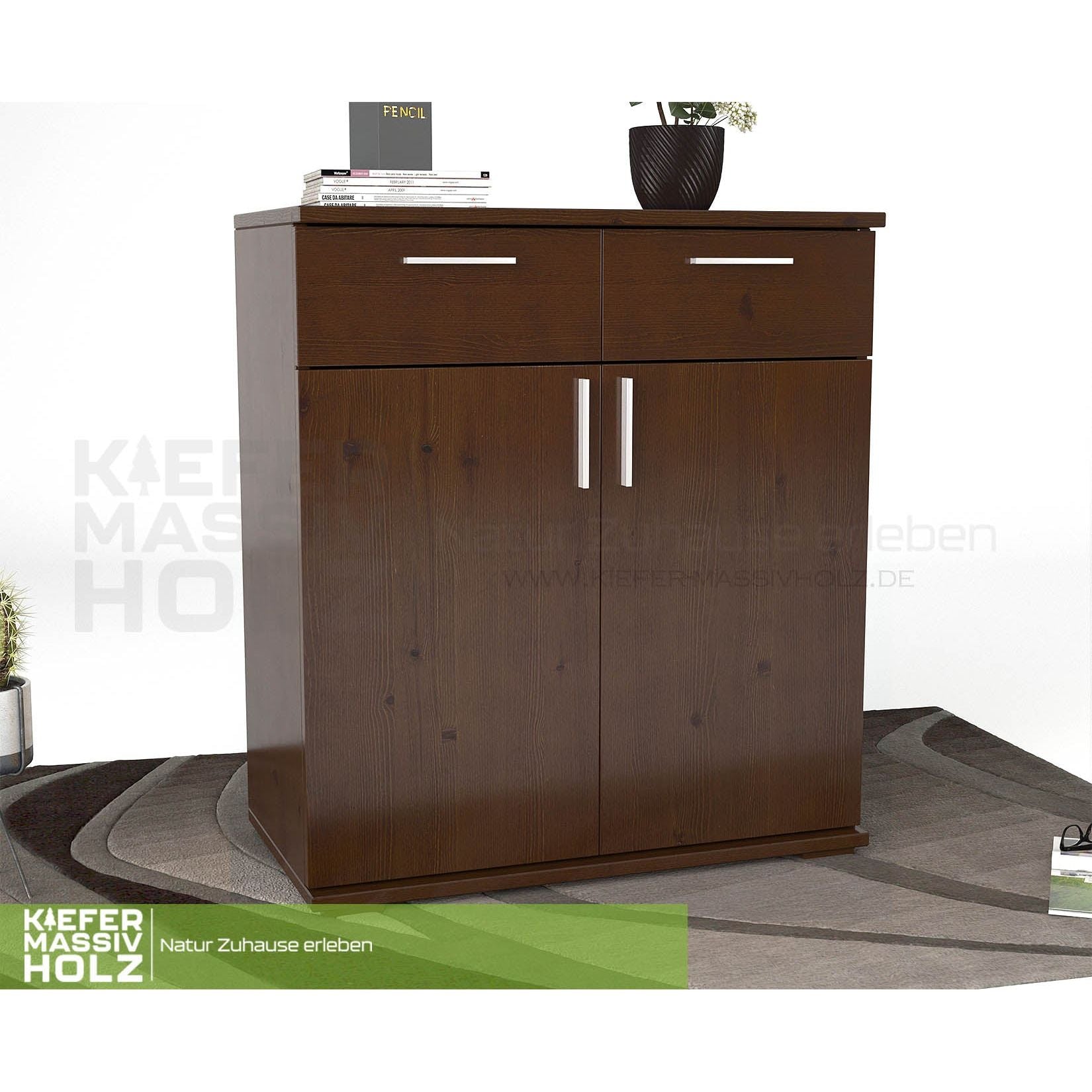 Nobis Kommode Sideboard 90-er | Anrichte | 2-Schubladen und 2-Türig | 100% Bio Kiefer Massivholz