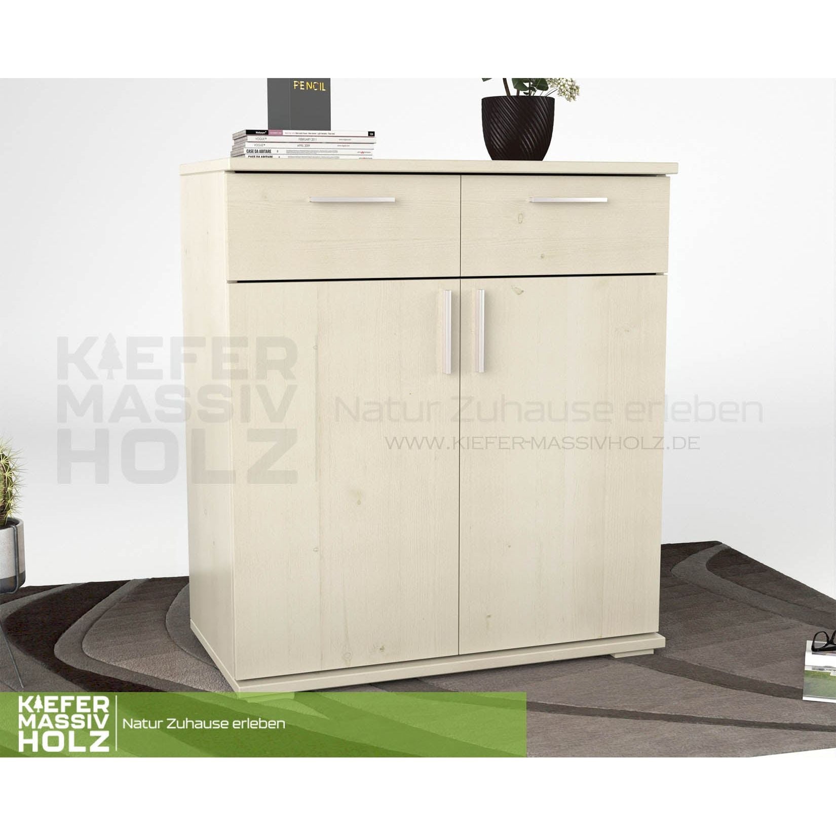 Nobis Kommode Sideboard 90-er | Anrichte | 2-Schubladen und 2-Türig | 100% Bio Kiefer Massivholz