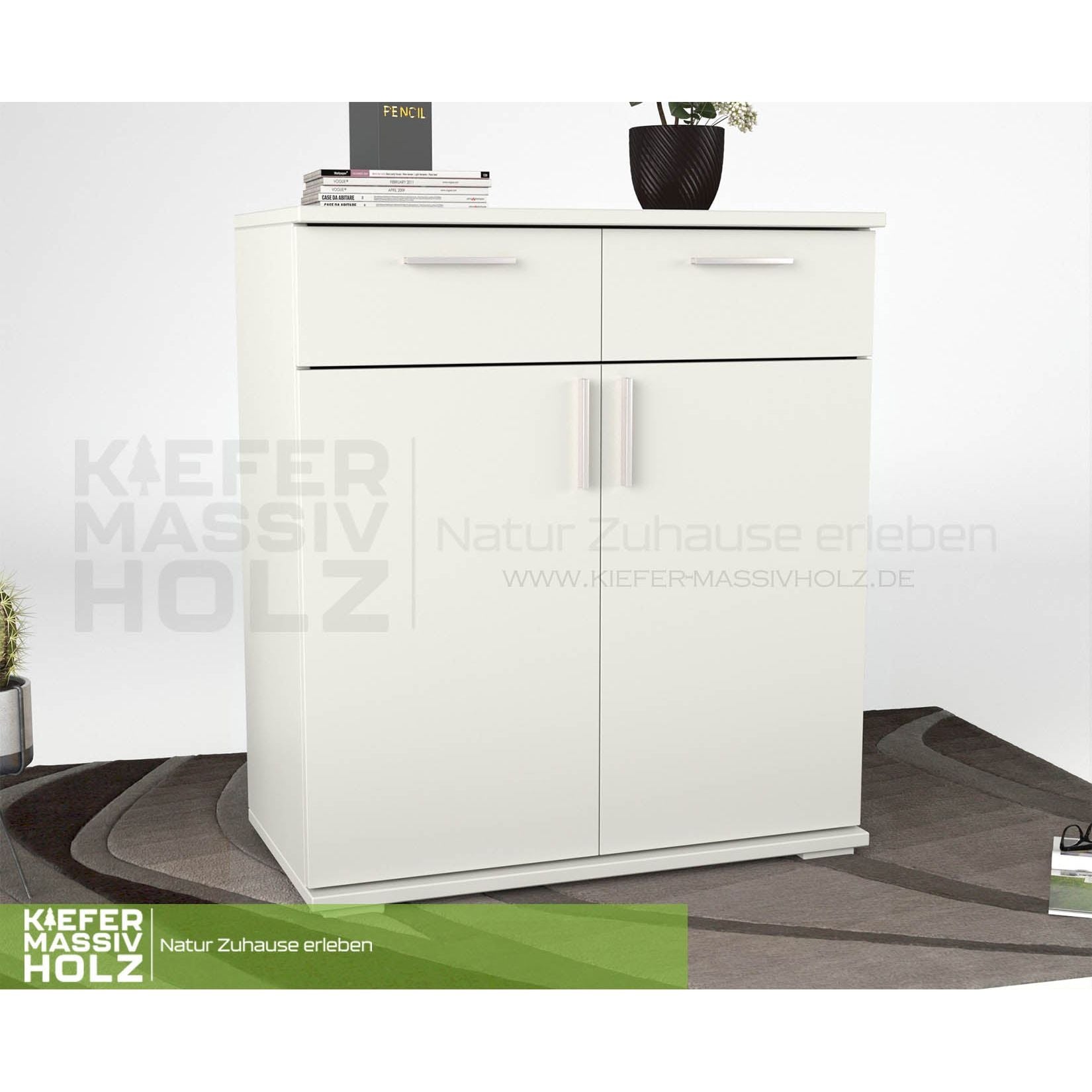 Nobis Kommode Sideboard 90-er | Anrichte | 2-Schubladen und 2-Türig | 100% Bio Kiefer Massivholz