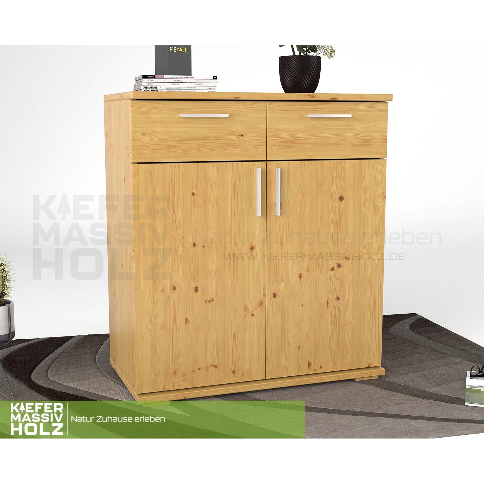 Nobis Kommode Sideboard 90-er | Anrichte | 2-Schubladen und 2-Türig | 100% Bio Kiefer Massivholz