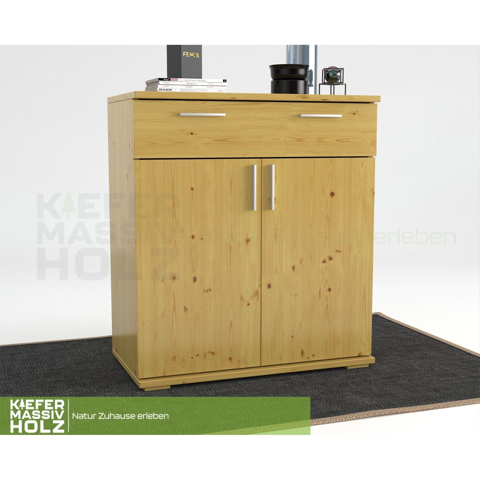 Nobis Kommode Sideboard | 1-Schublade | 2-Türig | 90cm hoch | 100% Bio Kiefer Massivholz
