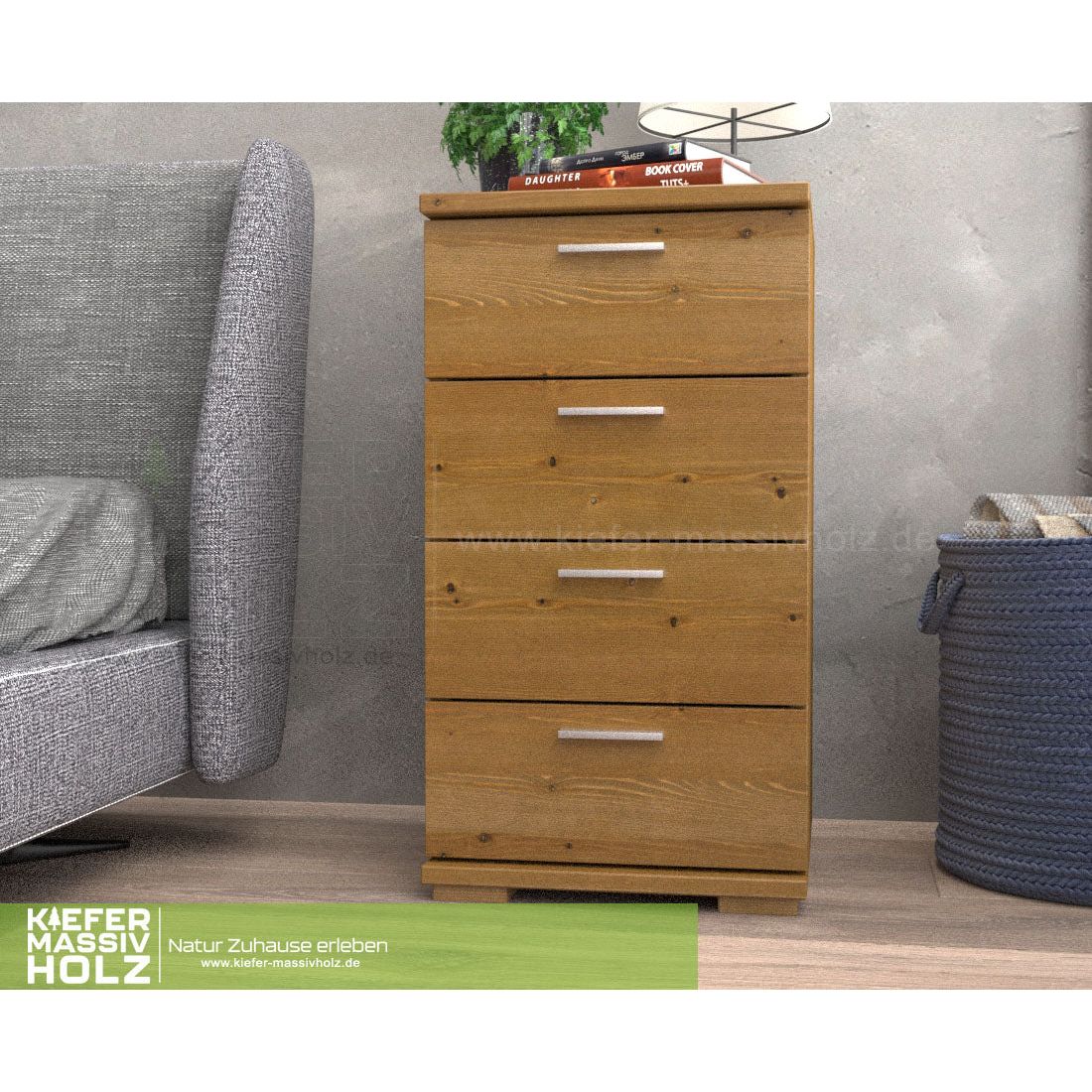 Nobis Schubladenkommode Sideboard | 4-Schubladen | 74cm hoch | 100% Bio Kiefer Massivholz