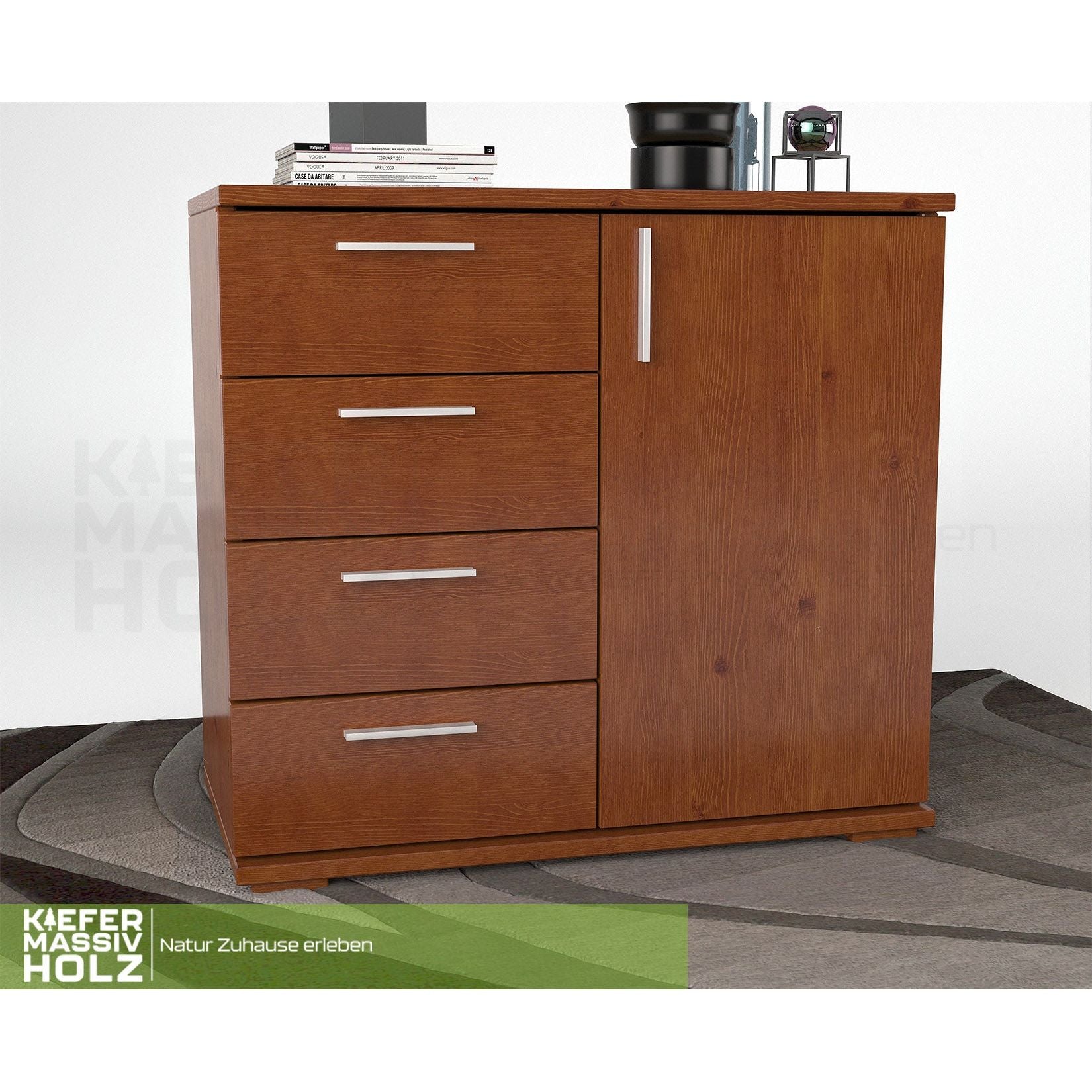Nobis Kommode Sideboard | Anrichte | 4 kleine Schubladen 1 Türig | 100% Bio Kiefer Massivholz