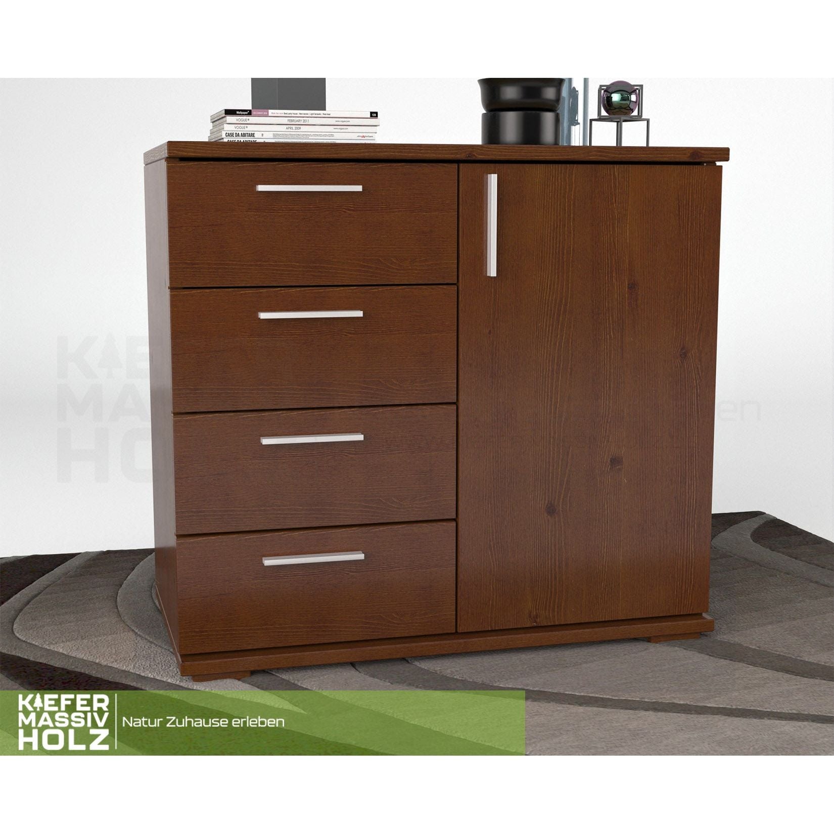 Nobis Kommode Sideboard | Anrichte | 4 kleine Schubladen 1 Türig | 100% Bio Kiefer Massivholz