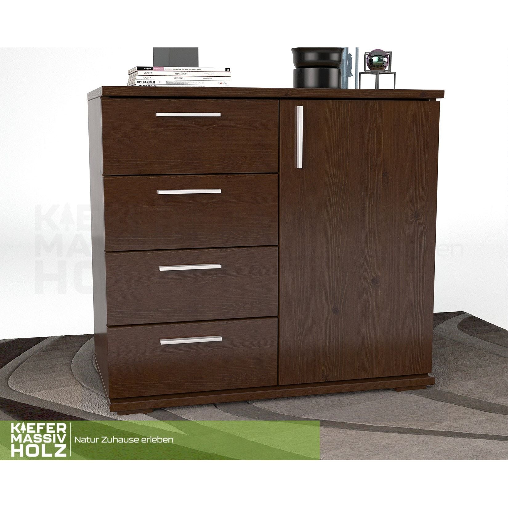 Nobis Kommode Sideboard | Anrichte | 4 kleine Schubladen 1 Türig | 100% Bio Kiefer Massivholz