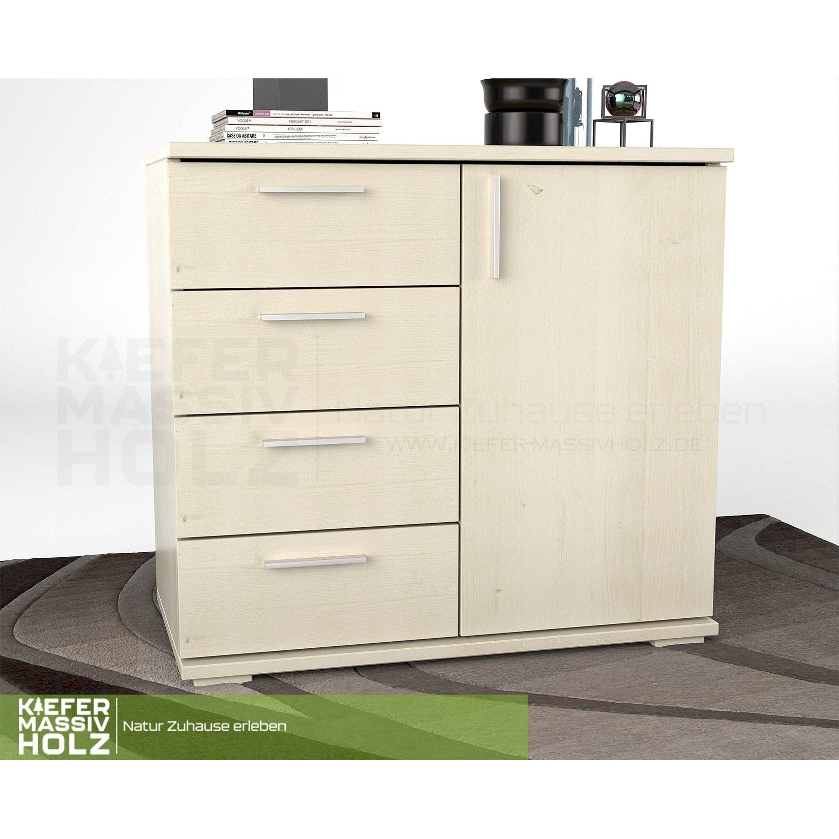 Nobis Kommode Sideboard | Anrichte | 4 kleine Schubladen 1 Türig | 100% Bio Kiefer Massivholz