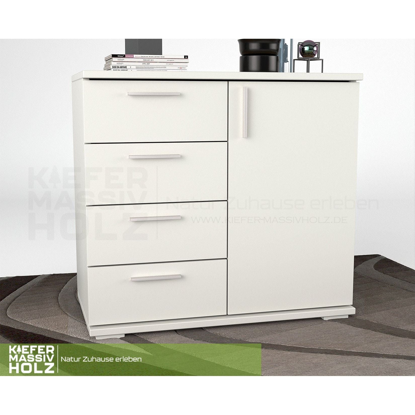 Nobis Kommode Sideboard | Anrichte | 4 kleine Schubladen 1 Türig | 100% Bio Kiefer Massivholz