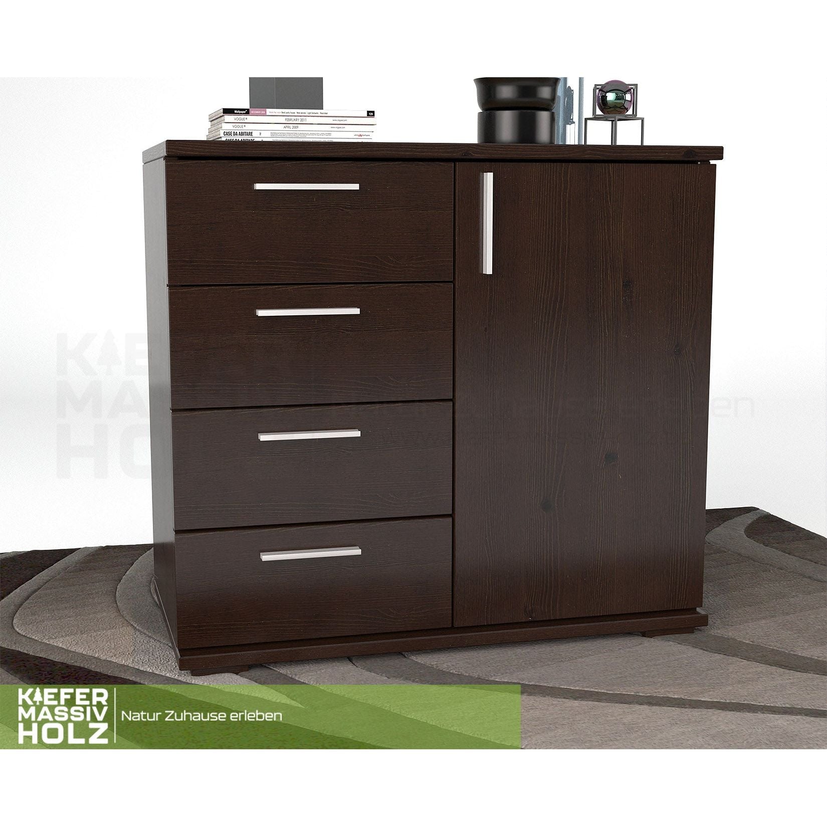 Nobis Kommode Sideboard | Anrichte | 4 kleine Schubladen 1 Türig | 100% Bio Kiefer Massivholz