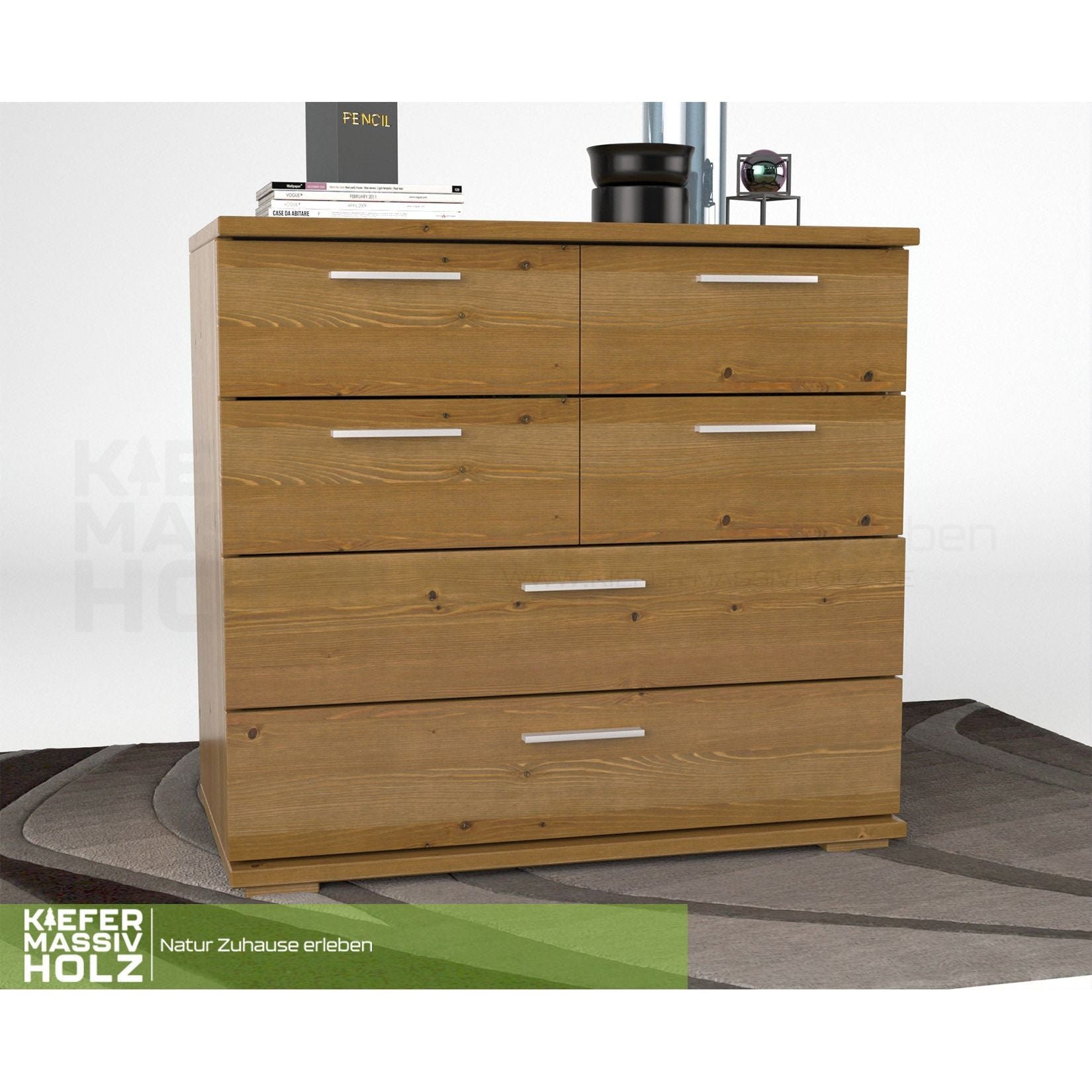 Nobis Kommode Sideboard | Anrichte | 4 kleine und 2 große Schubladen | 100% Bio Kiefer Massivholz