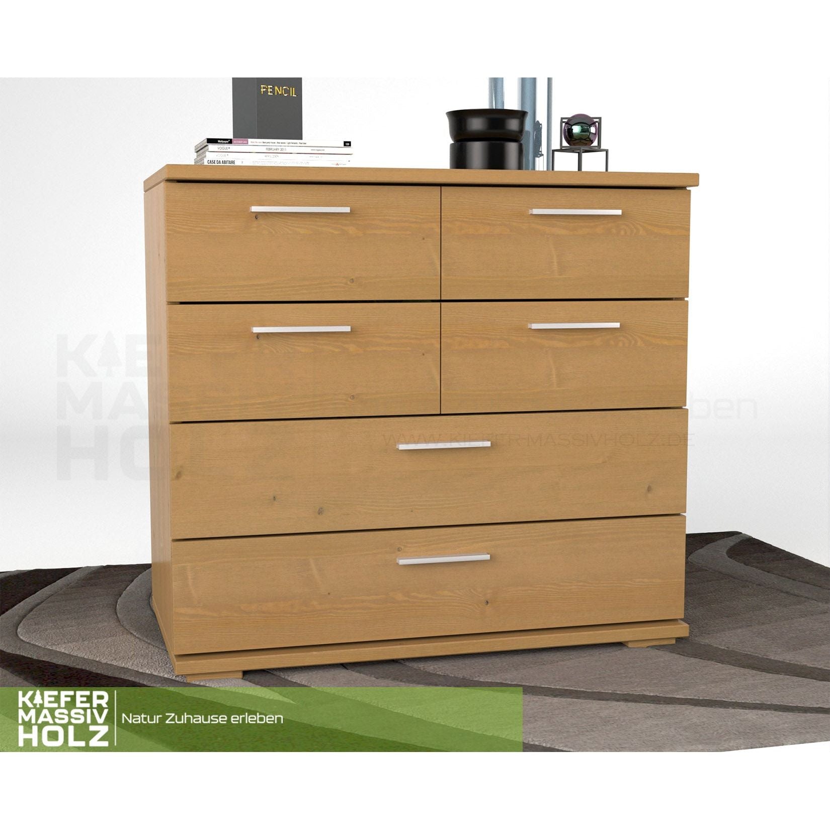 Nobis Kommode Sideboard | Anrichte | 4 kleine und 2 große Schubladen | 100% Bio Kiefer Massivholz