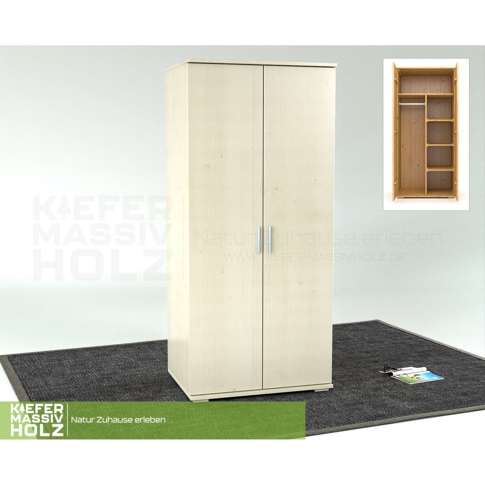 Nobis Kleiderschrank | 2-Türig mit Kleiderstange und Regale | 100% Bio Kiefer Massivholz