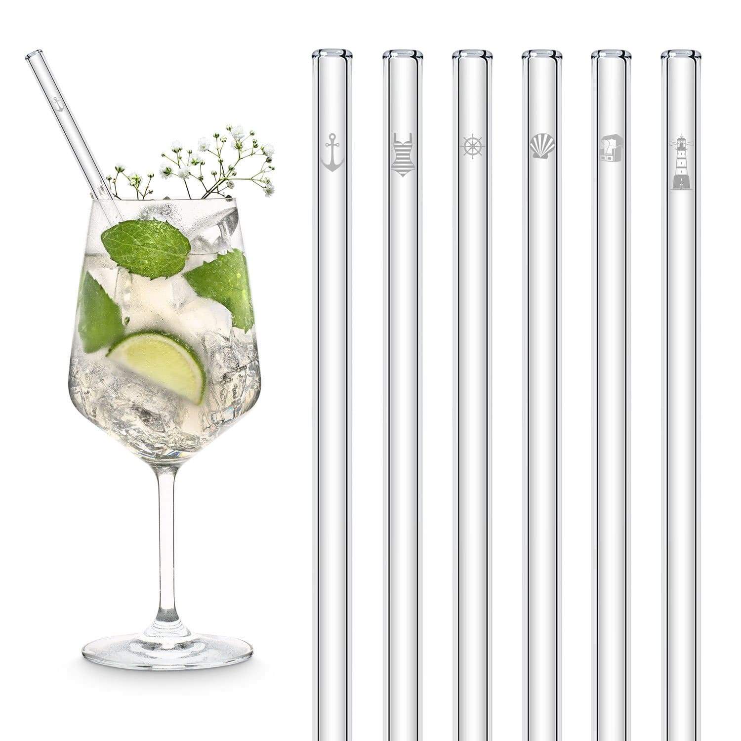 Ostsee Motive Edition gravierte Glastrinkhalme Maritime Deko 6 Stück