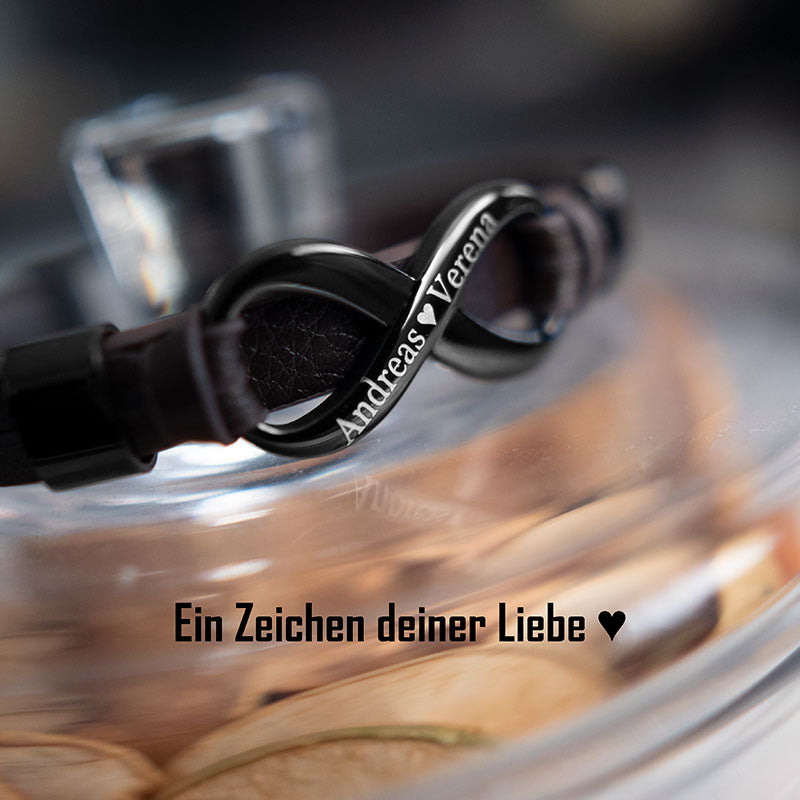 Infinity Brown Lederarmband Unisex Gravierbar Echtes Leder Edelstahl Besatz Gratis Luxus Etui Größen 19 21 23 cm