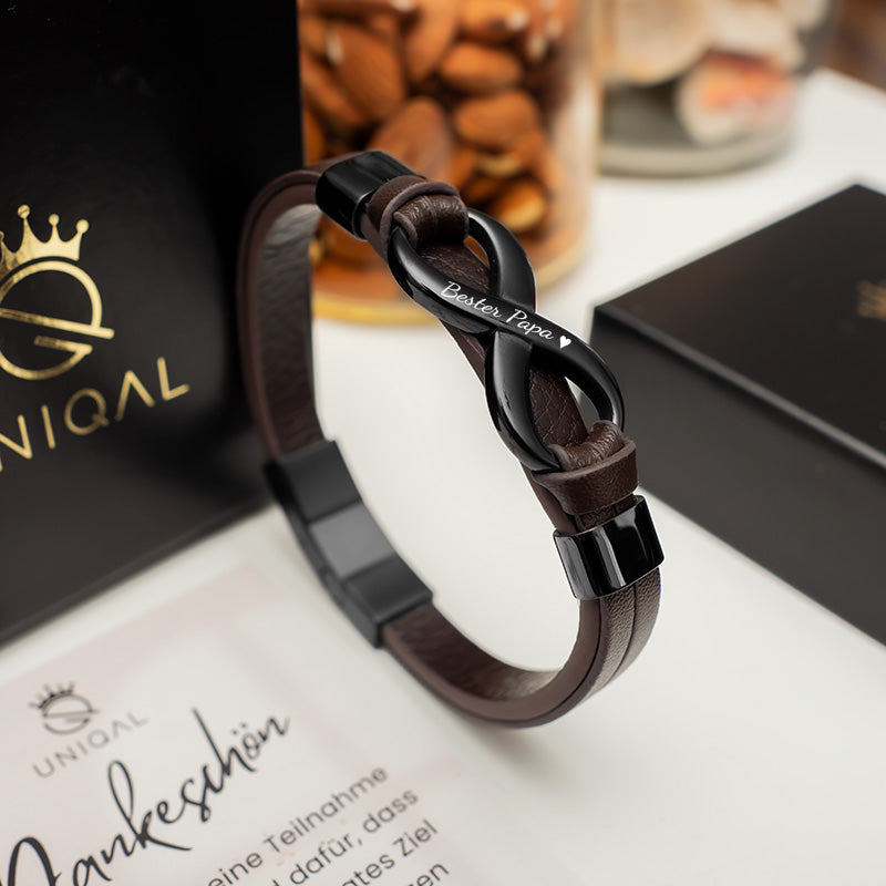 Infinity Brown Lederarmband Unisex Gravierbar Echtes Leder Edelstahl Besatz Gratis Luxus Etui Größen 19 21 23 cm
