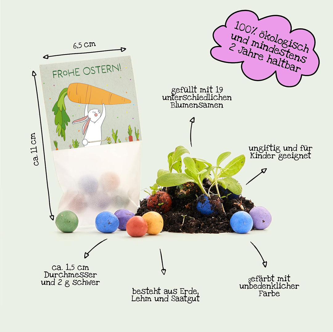 10x5 Blumenmurmeln im Tütchen "Hase mit Möhren"