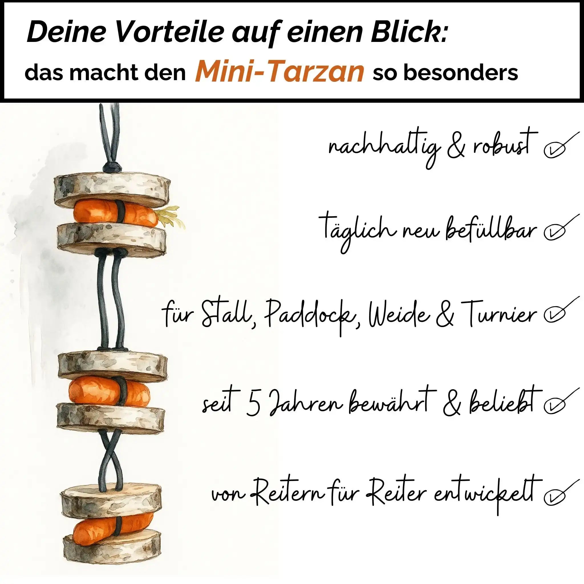 Pferdespielzeug Mini Tarzan Pferdebeschäftigung Aus Birkenholz Gegen Langeweile Wiederbefüllbar Mit Karotten Leckerlis by s`Queed