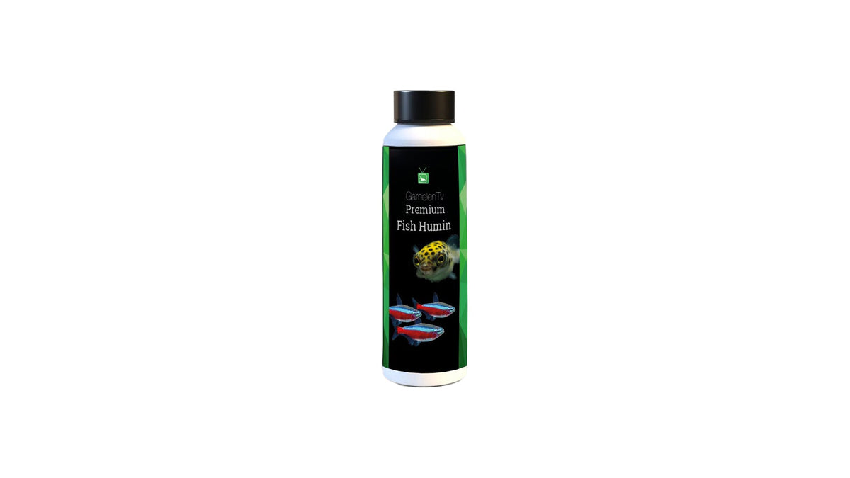 Premium Fish Humin 250 ml | Huminstoffe für Zierfische | Made in Germany product bottle with fish illustration.