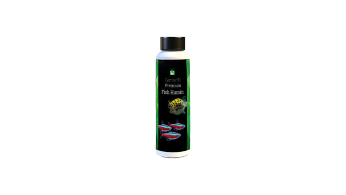 Premium Fish Humin 250 ml | Huminstoffe für Zierfische | Made in Germany product bottle with fish illustration.
