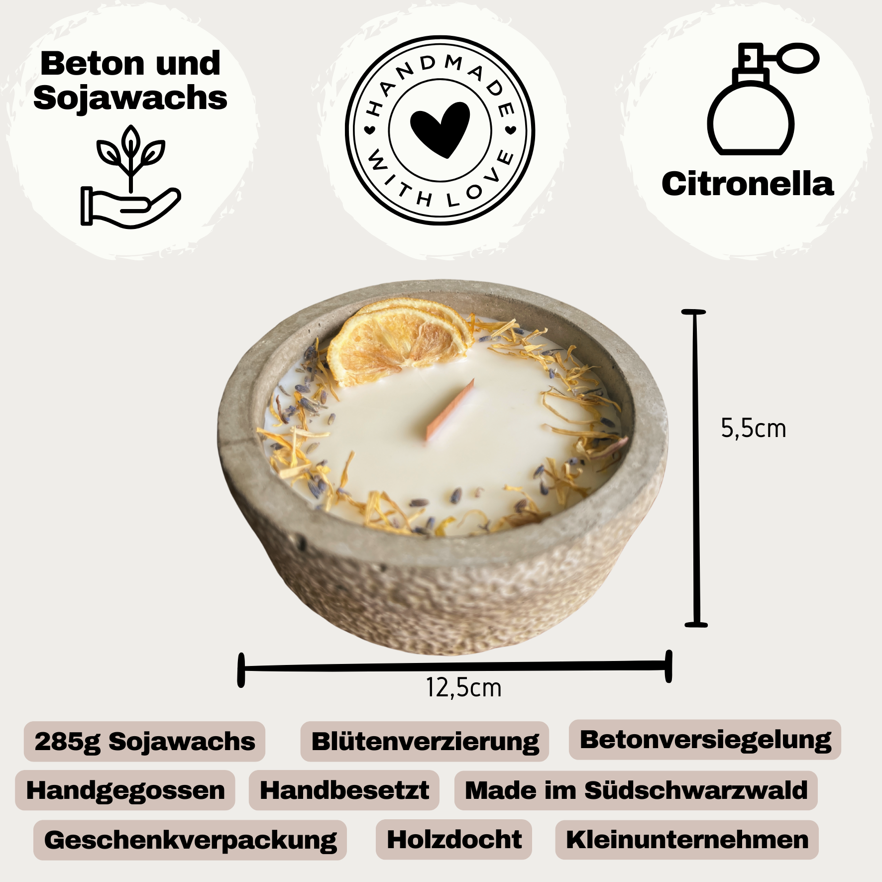 HANDGEMACHTE Citronella BETONKERZE Schwarz - Stilvolle Sojawachskerze für Ihr Zuhause. Outdoor Kerze mit Blütenverzierung und HOCHWERTIGEM Holzdocht aus dem Südschwarzwald