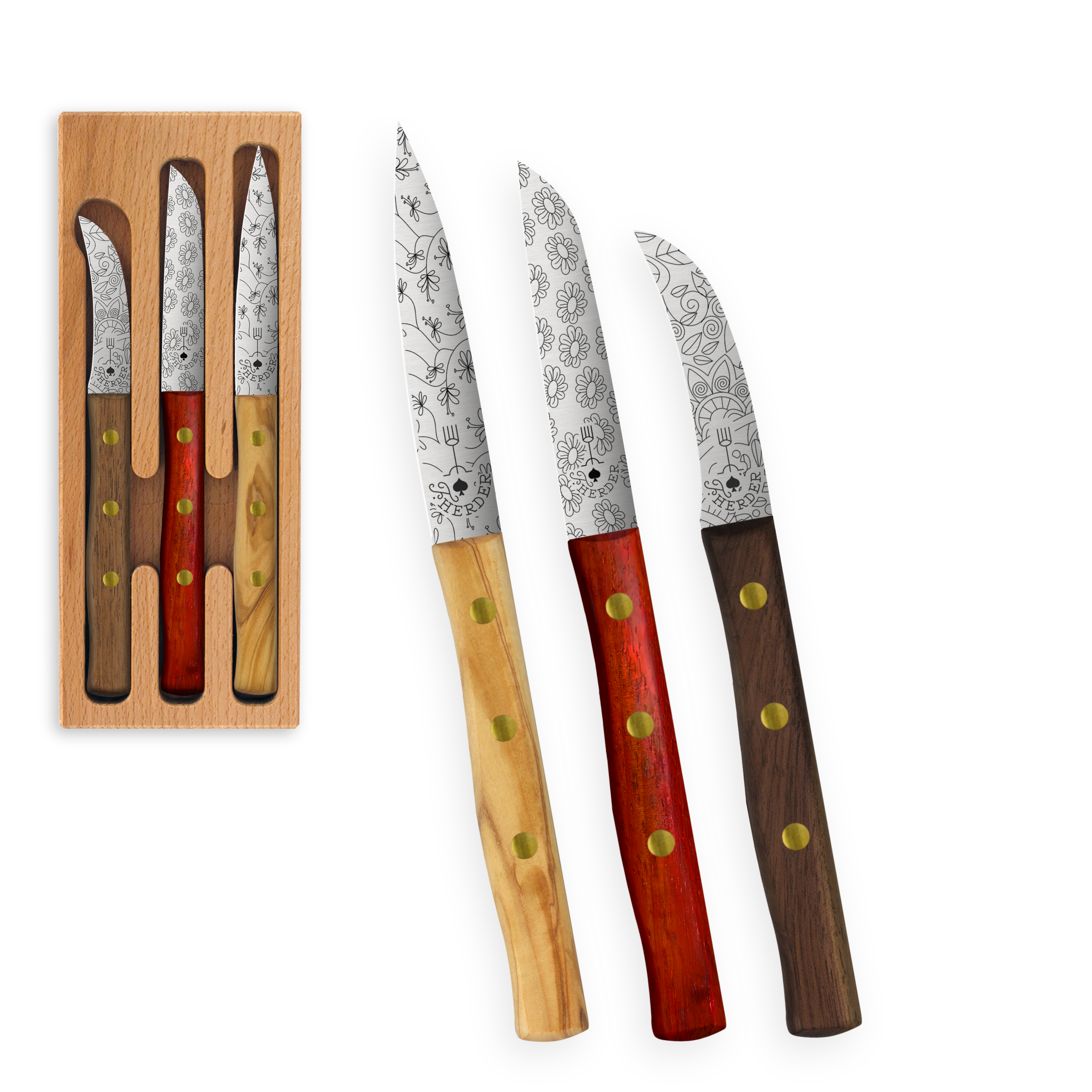 Zöppken Style 3er Set Mit Verschiedenen Klingenformen Edlen Griffen Und Dekorativen Gravuren Im Holzcase Aus Rotbuche