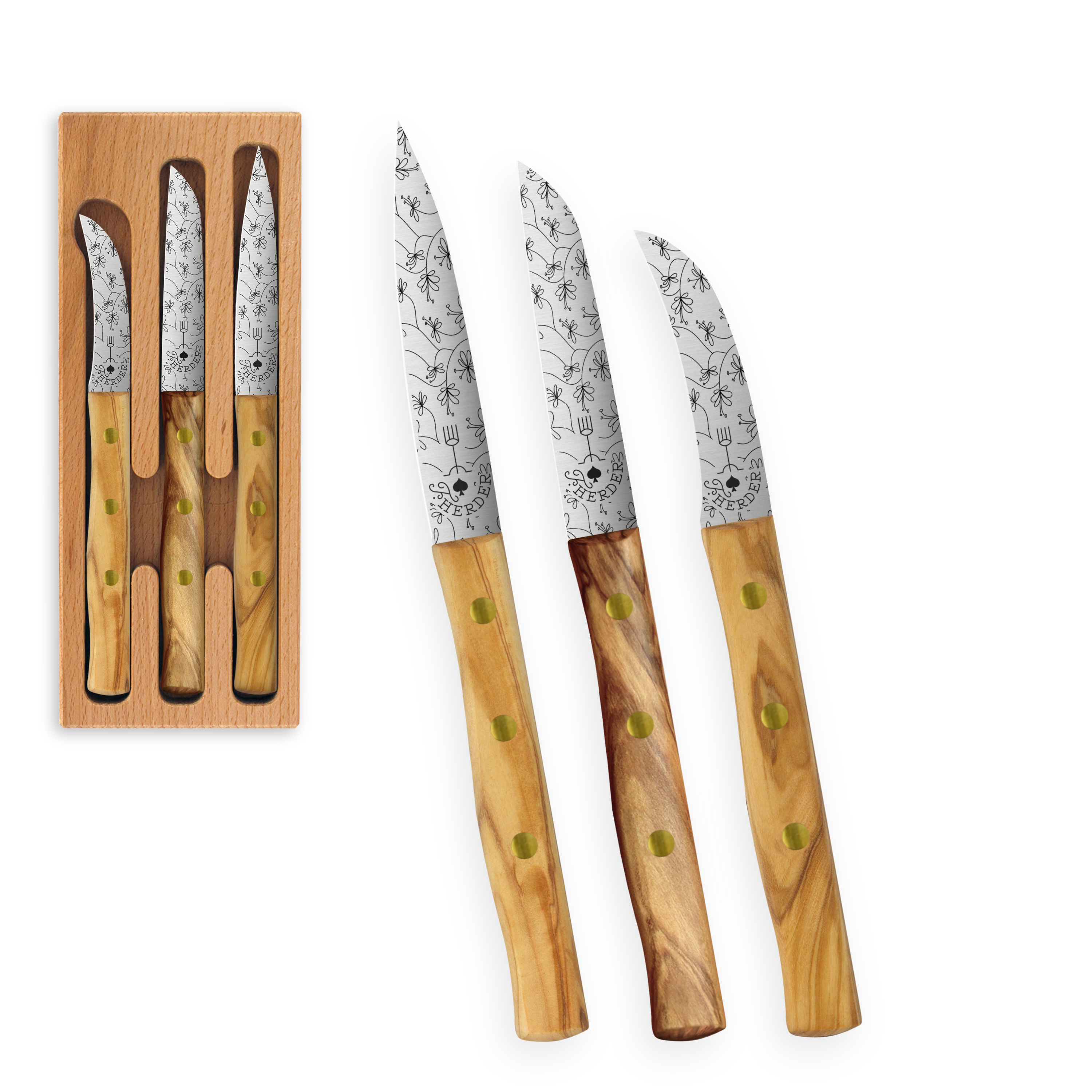 Zöppken Style 3er Set Mit Verschiedenen Klingenformen Edlen Griffen Und Dekorativen Gravuren Im Holzcase Aus Rotbuche