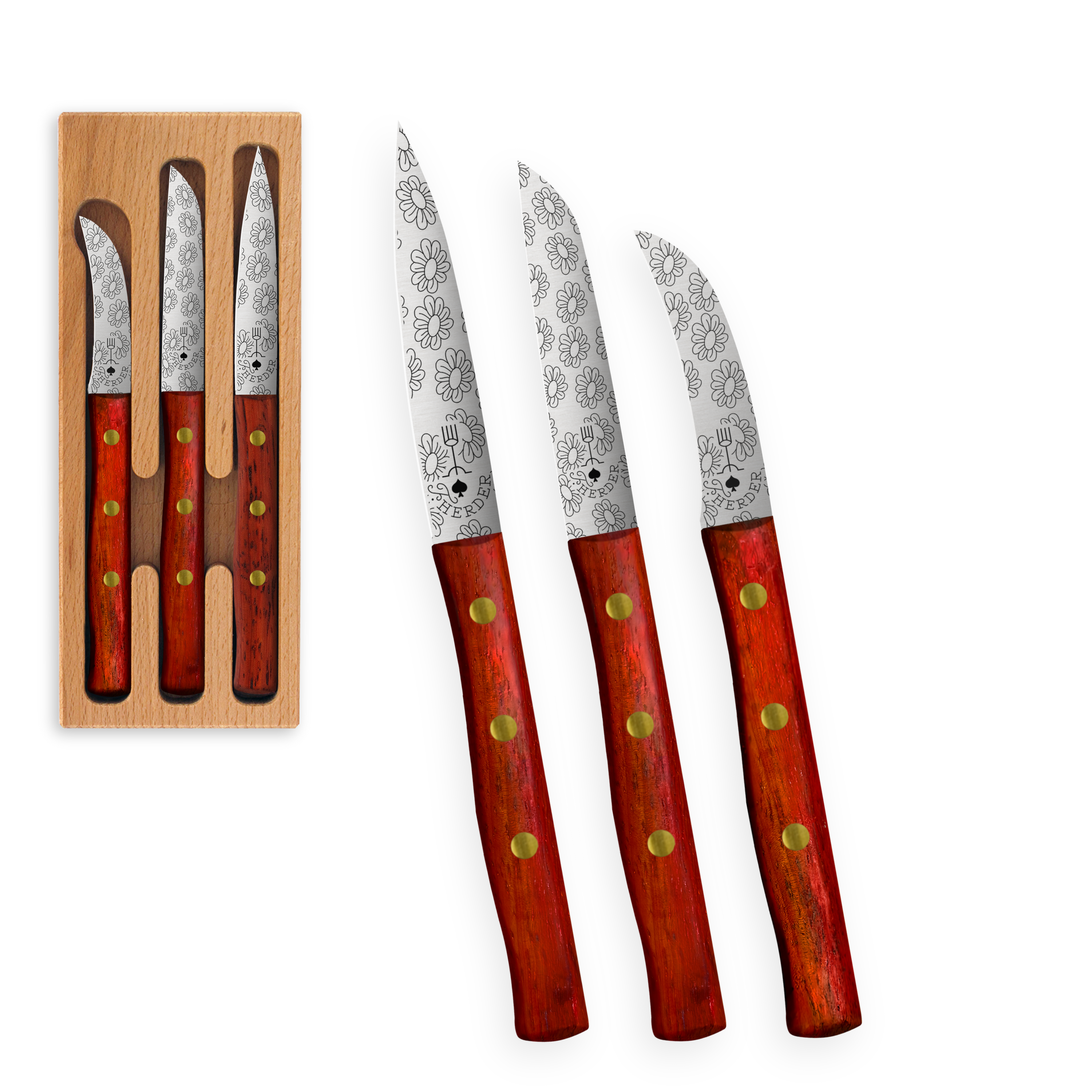 Zöppken Style 3er Set Mit Verschiedenen Klingenformen Edlen Griffen Und Dekorativen Gravuren Im Holzcase Aus Rotbuche