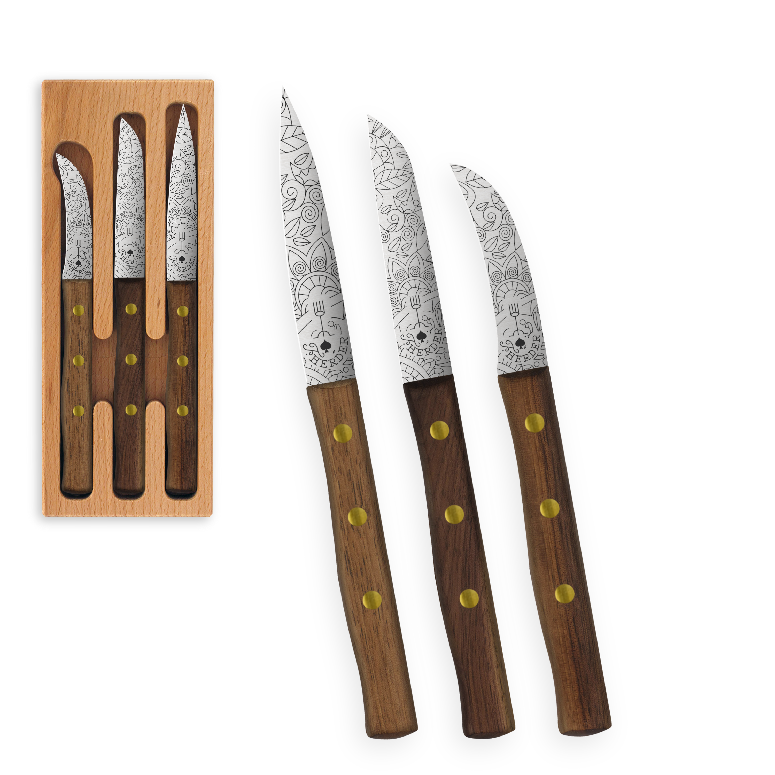 Zöppken Style 3er Set Mit Verschiedenen Klingenformen Edlen Griffen Und Dekorativen Gravuren Im Holzcase Aus Rotbuche