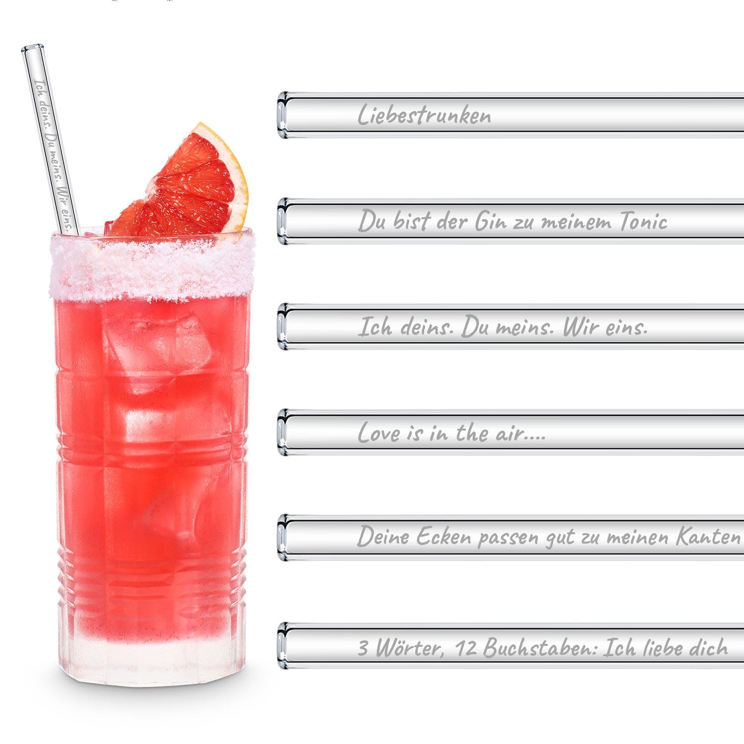 Liebessprüche Edition gravierte Glastrinkhalme mit Sprüchen für die Liebe - 6 Stück