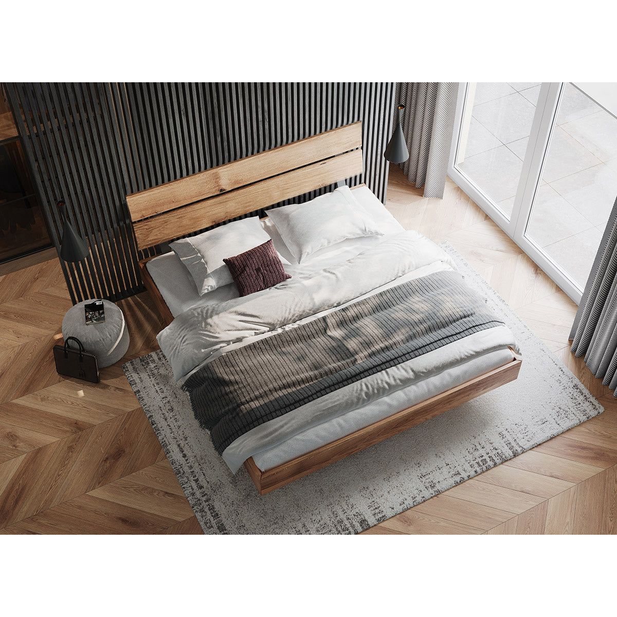 Turin Massivholz Eichenbett 140-180cm mit Holzbeinen und doppelter Rückenlehne