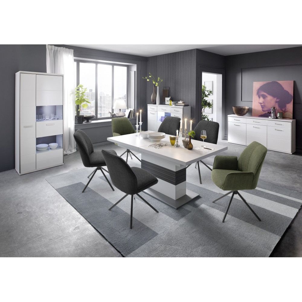 Pemba 4-Fuß Stuhl 2er Set Mit Webstoff Sitz Und Rundes Schwarz Matt Lackiertes Gestell 180 Grad Drehbar