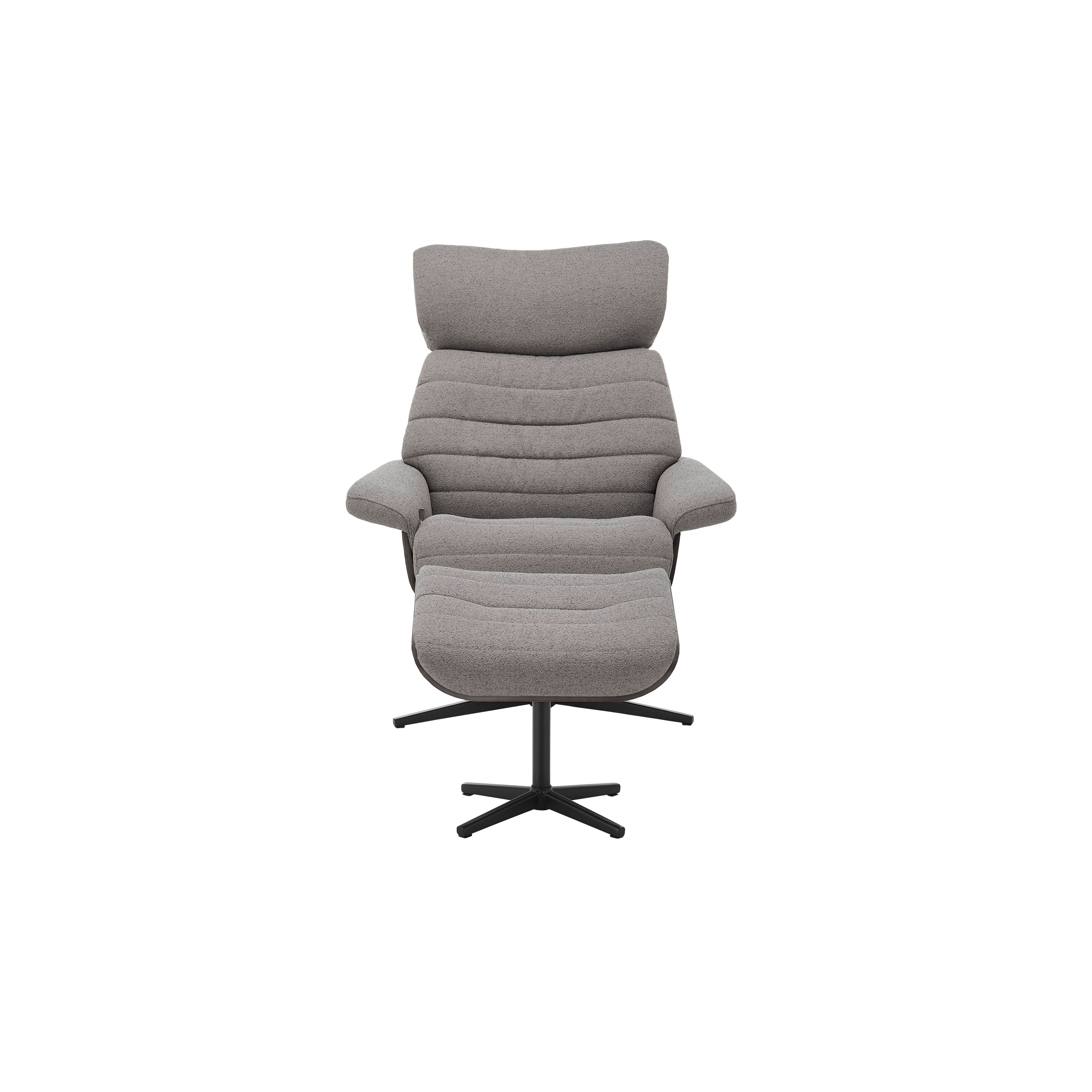 ULLA Loungesessel Inklusive Hocker Bouclé Grau Bezug 360 Grad Drehbar Sternfuß Metall Schwarz