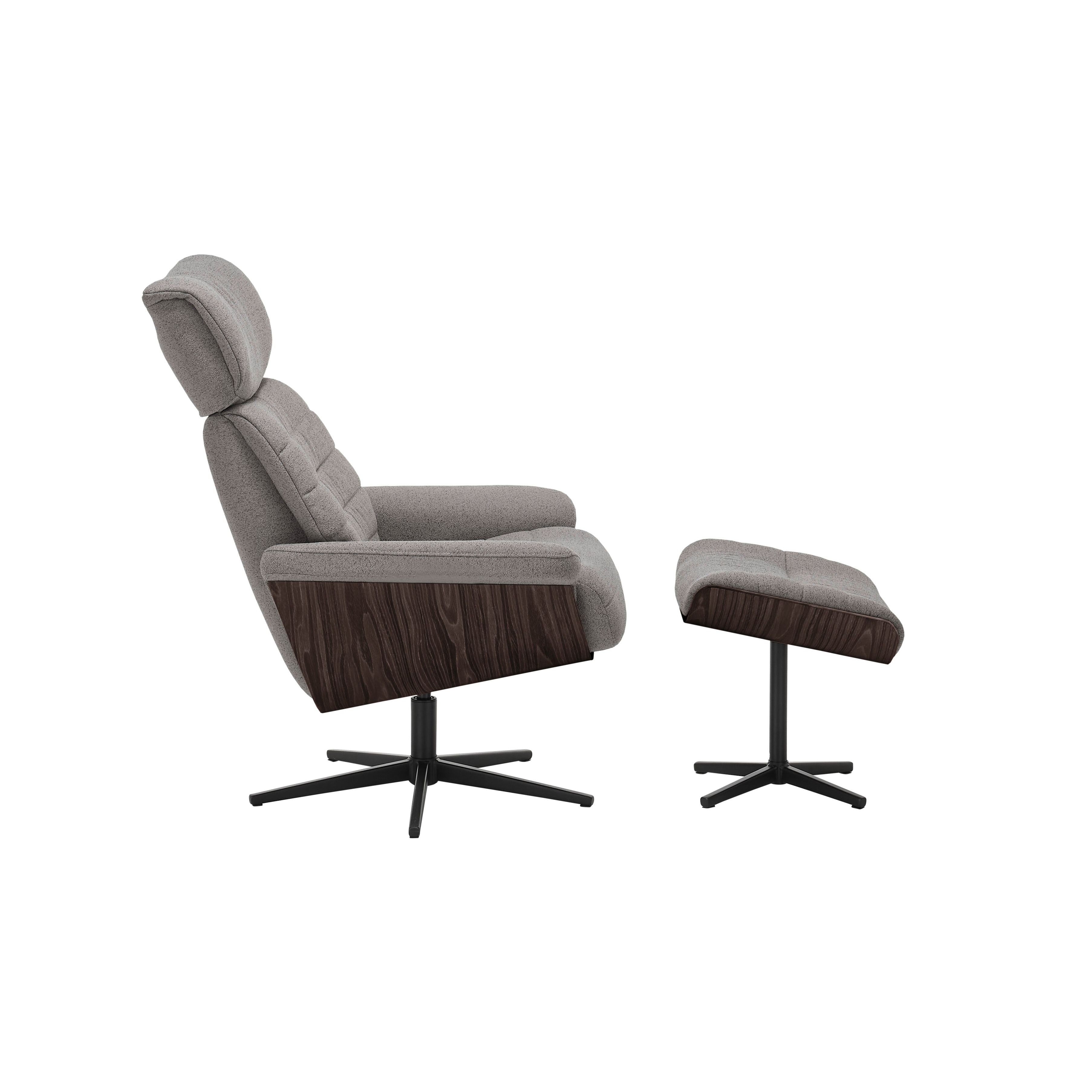 ULLA Loungesessel Inklusive Hocker Bouclé Grau Bezug 360 Grad Drehbar Sternfuß Metall Schwarz