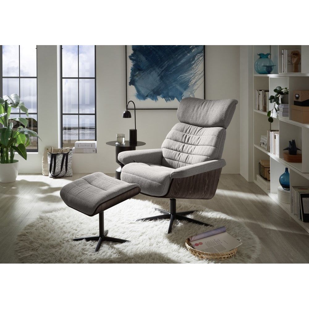 ULLA Loungesessel Inklusive Hocker Bouclé Grau Bezug 360 Grad Drehbar Sternfuß Metall Schwarz