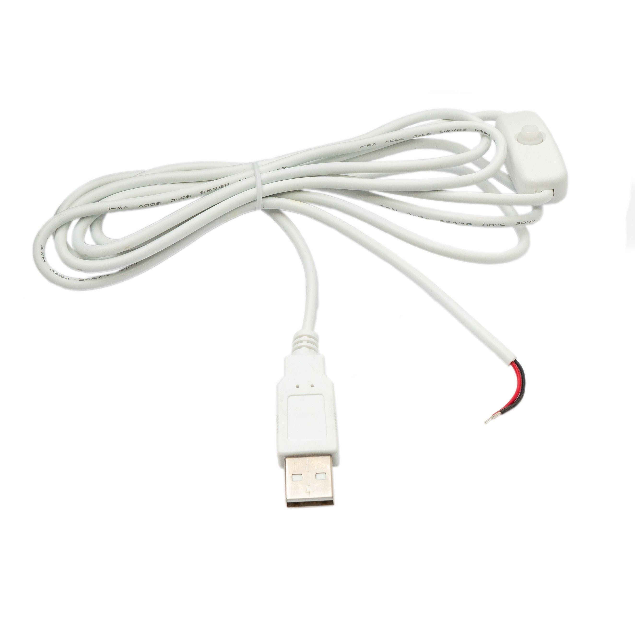 SYSTEM-S USB 2.0 Kabel 100 cm Typ A Stecker zu 2 Pin Pigtail vorgezinnt Draht Schalter Weiß