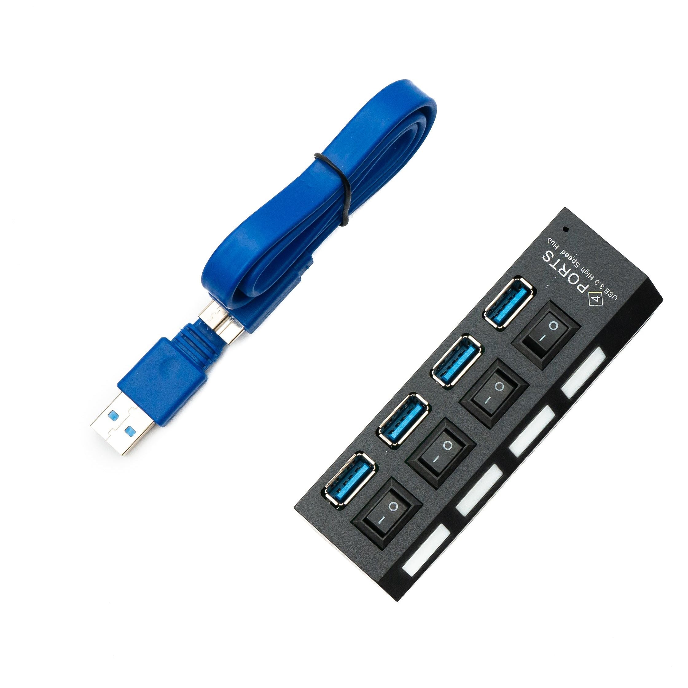USB 3.0 Hub Vier Ports Typ A Individuell Umschaltbar Mit LED Blau Je Anschluss Schwarz