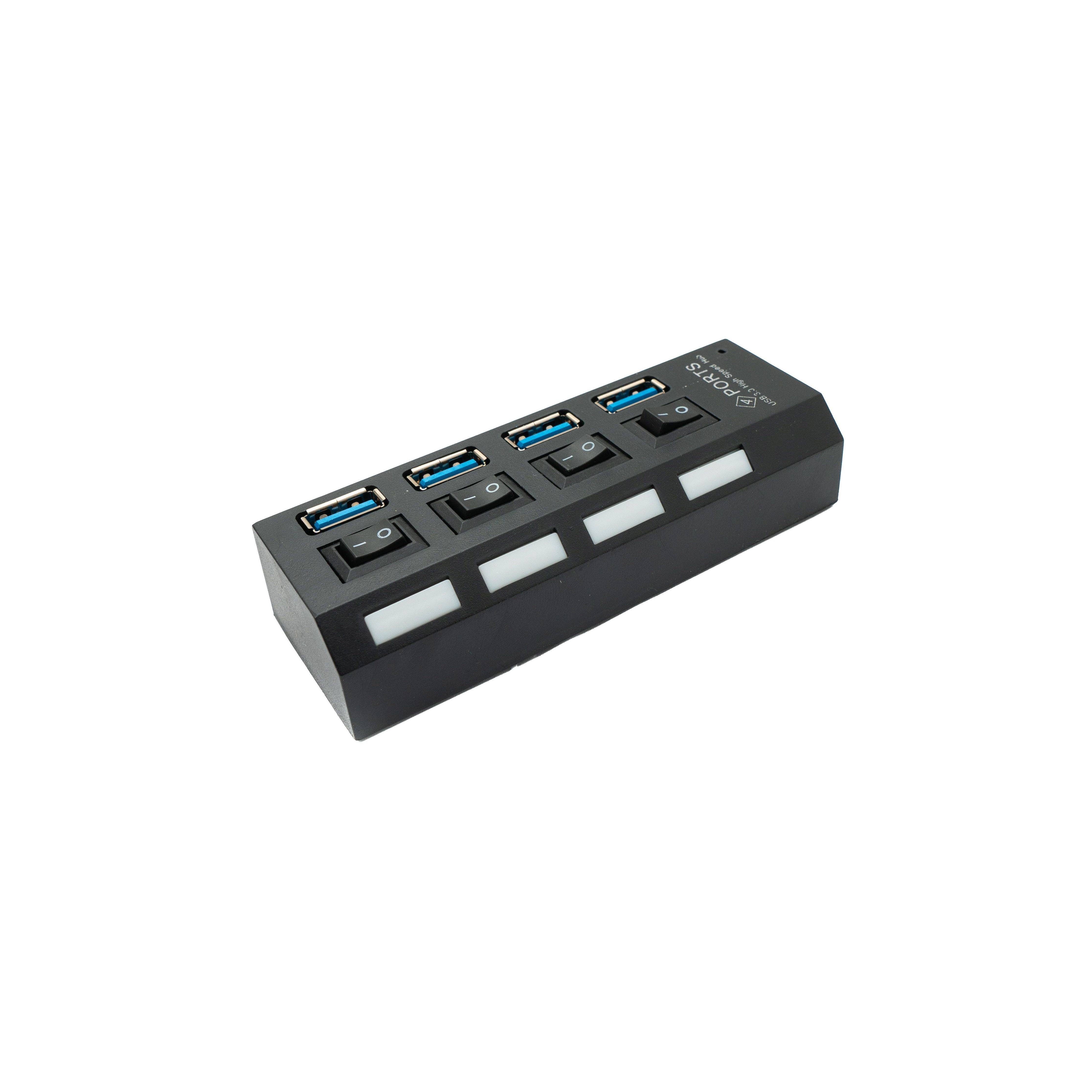 USB 3.0 Hub Vier Ports Typ A Individuell Umschaltbar Mit LED Blau Je Anschluss Schwarz