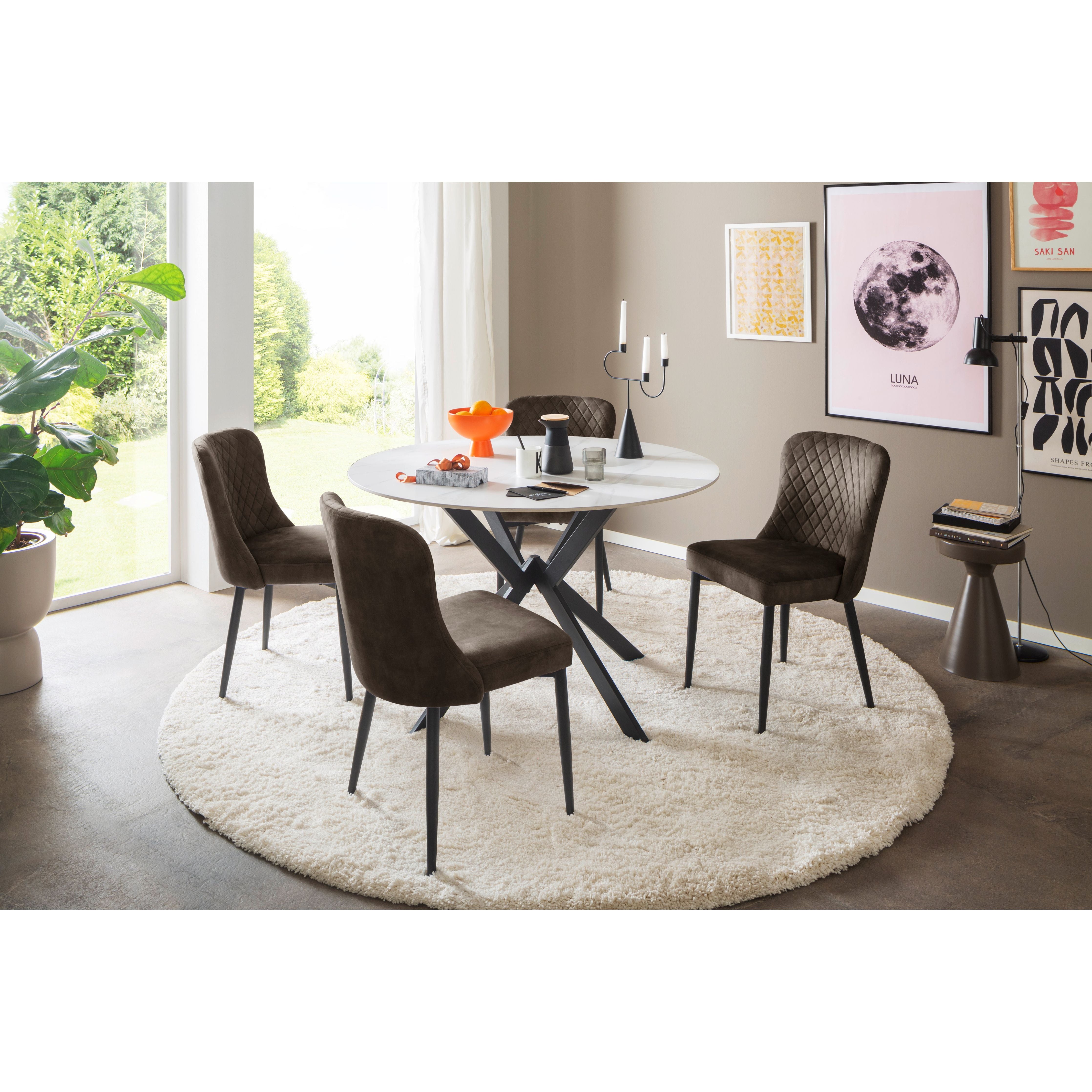 Aboshi 4-Fuß Stuhl 4er Set Veloursoptik Taschenfederkern Luxuskomfort Sitz Gestell Rund Konisch Schwarzmatt Lackiert