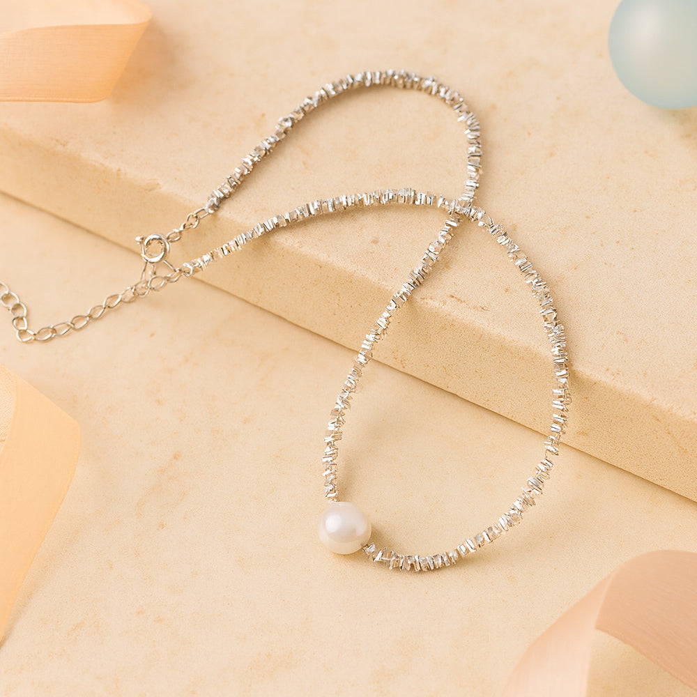 Kette mit Anhänger aus 925er Sterling-Silber, Strukturkette mit Perle