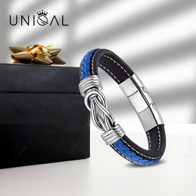 Eternal Blue Lederarmband Unisex Gravierbar Aus Echtem Leder In Schwarz Und Tiefblau Mit Gratis Luxus Etui
