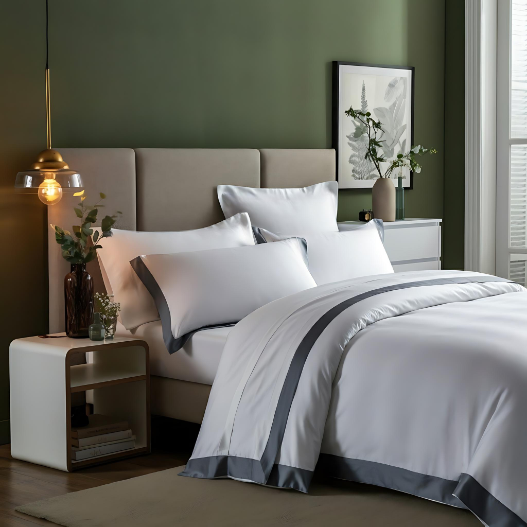 Eklipse Baumwolle Satin Deckenbezug 100 Prozent Ägyptischer Baumwolle 600 Fadendichte Weiß Mit Farbigem Randdesign