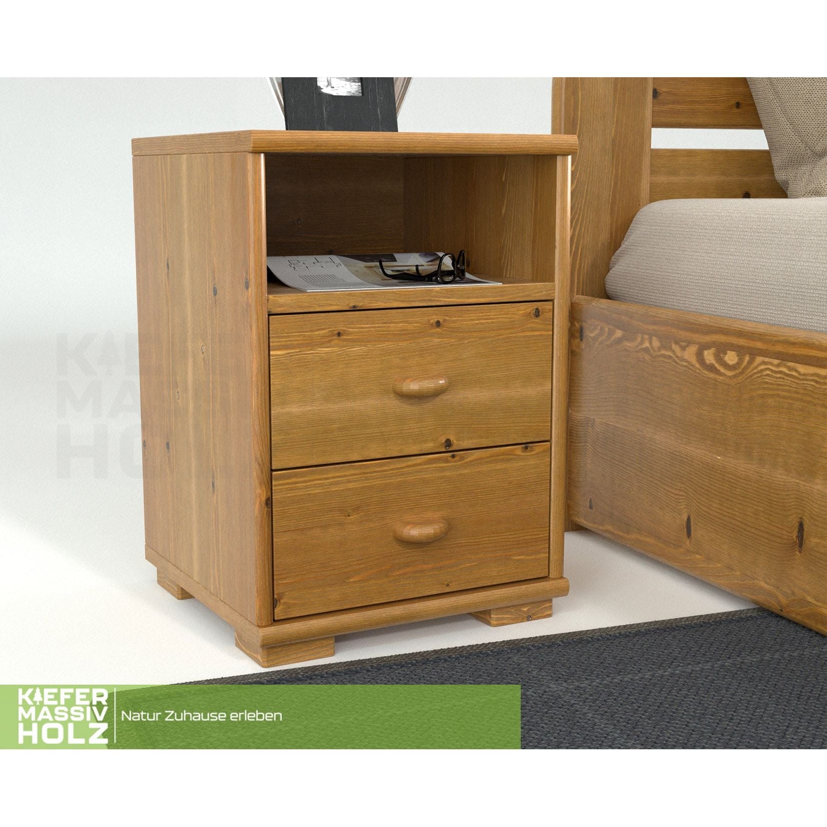Vanessa Kiefer Massivholz Nachttisch Nachtschrank | 2-Schubladen 1-Regal | 100% Bio Kiefer